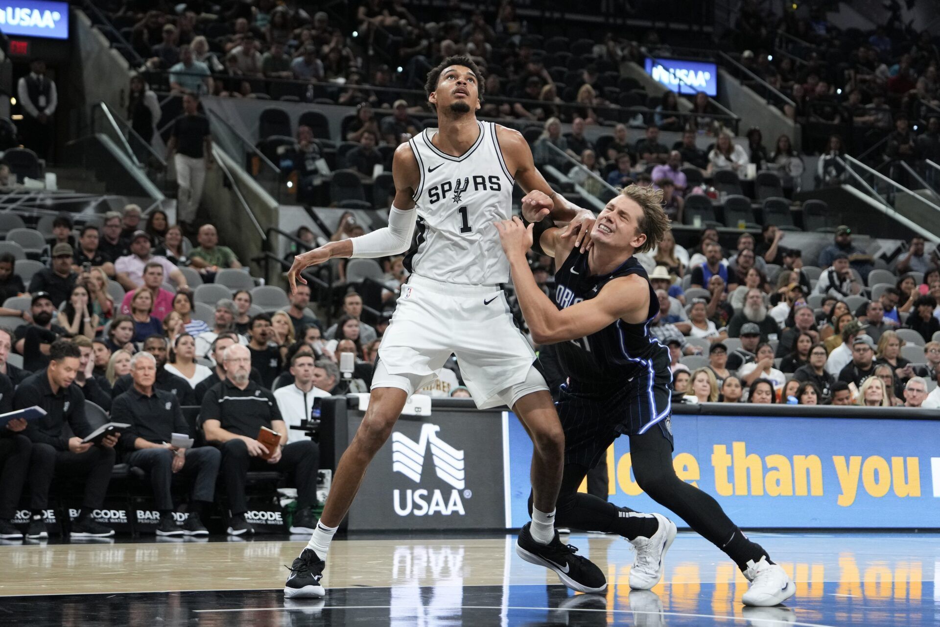 San Antonio Spurs center Victor Wembanyama (1) blocks out Orlando Magic center Moritz Wagner (21) in the second half at Frost Bank Center.