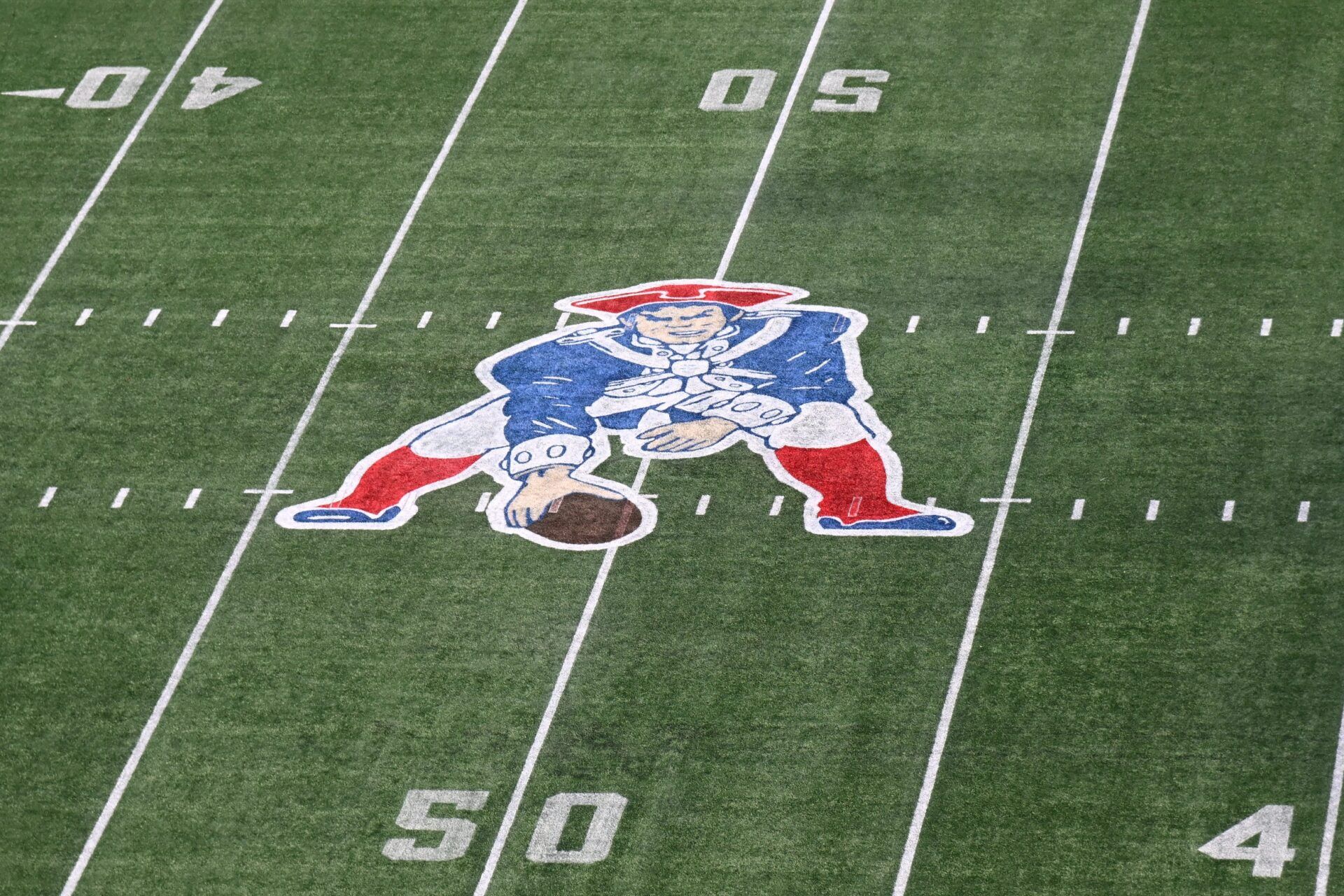 A general overview of the game field with the Pat Patriot throwback logo at Gillette Stadium prior to a game against the Indianapolis Colts.