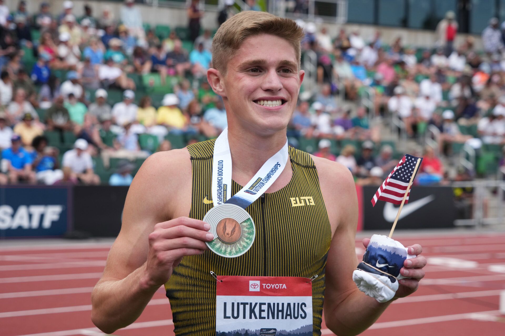 Cooper Lutkenhaus poses after placing second in the 800m in a World U20 record 1:42.27 during the USATF Championships at Hayward Field.
