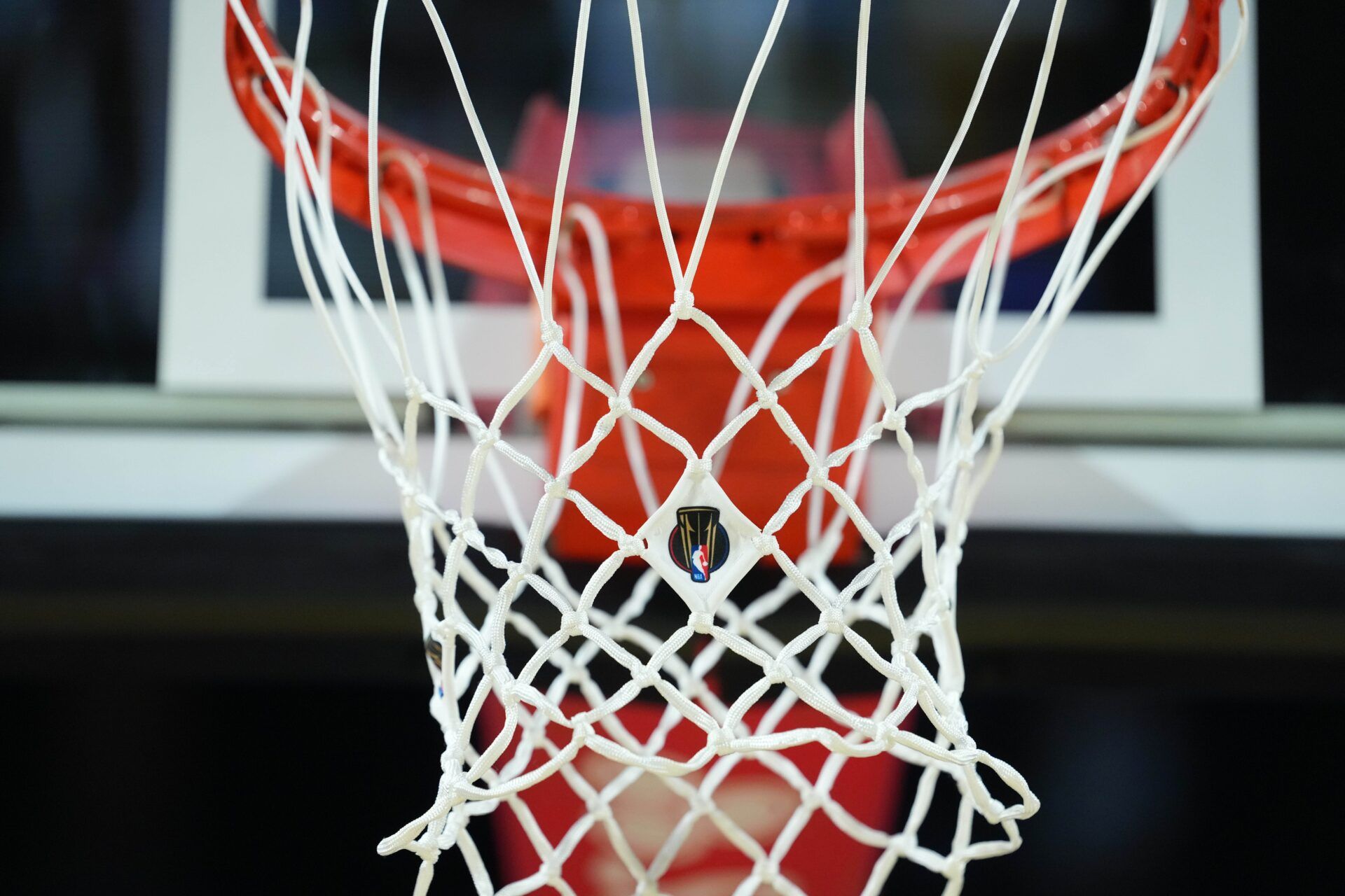 The Emirates NBA Cup logo on the net at T-Mobile Arena.