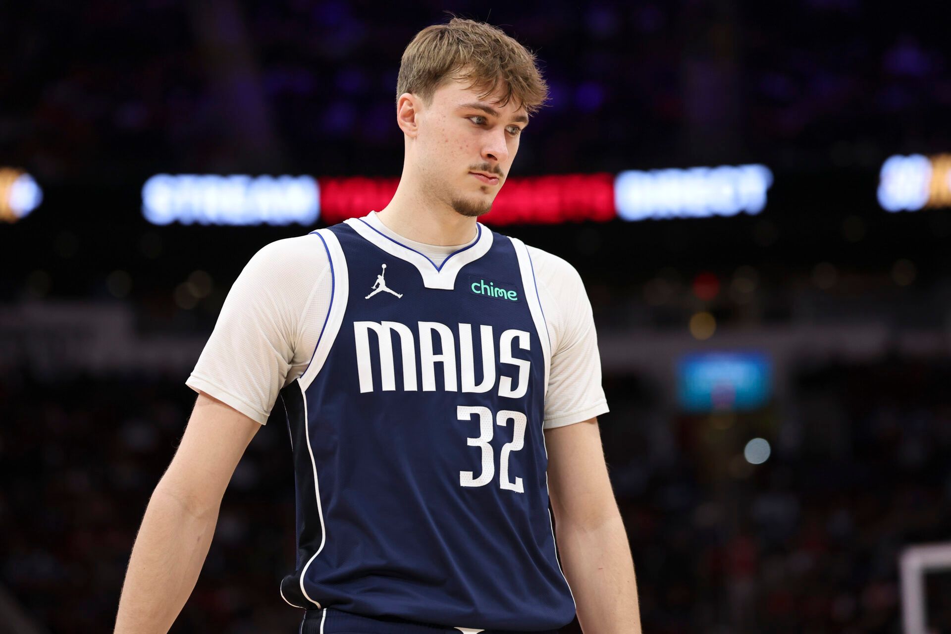 Dallas Mavericks forward Cooper Flagg (32) reacts after a play during the second quarter against the Houston Rockets at Toyota Center.