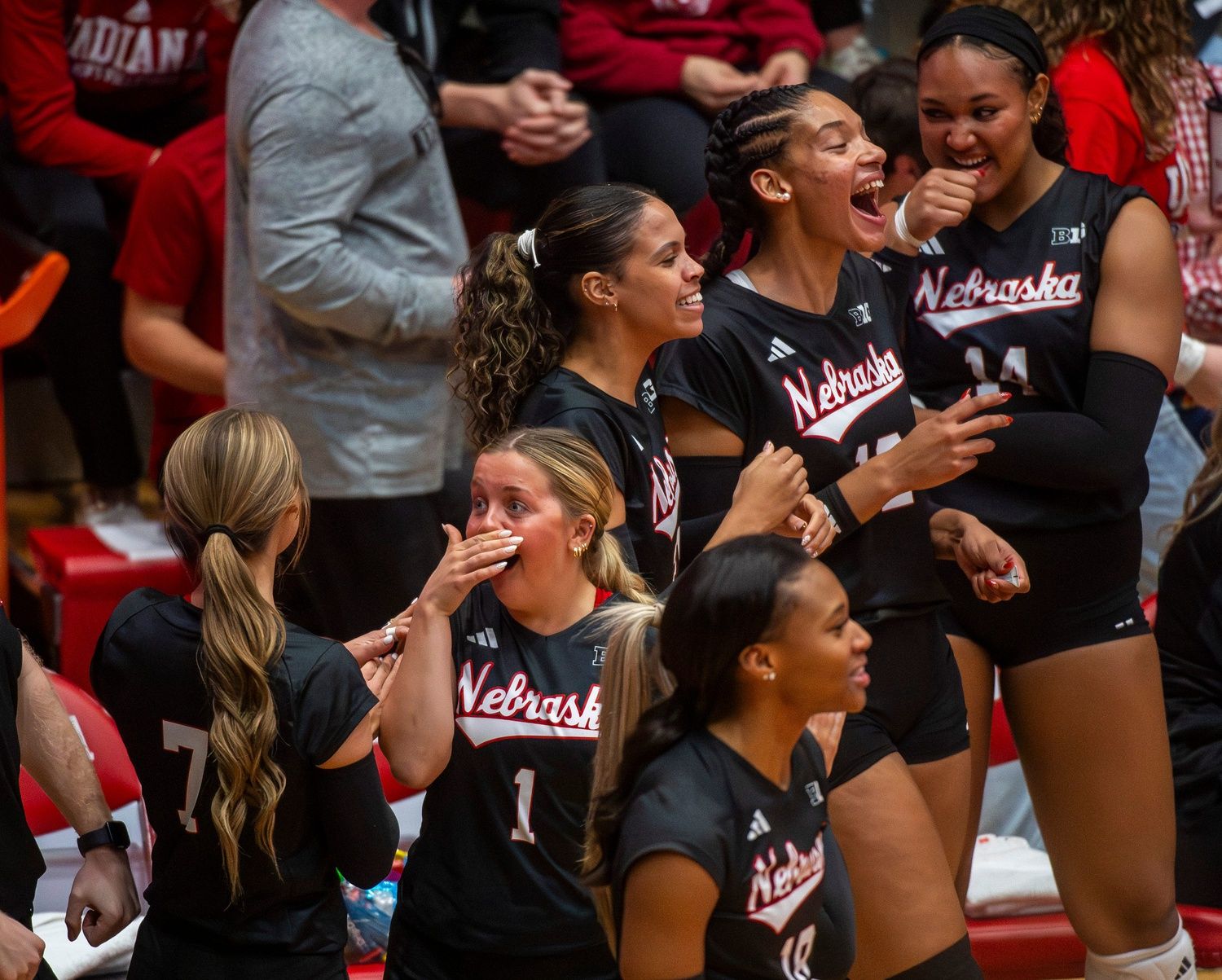 Nebraska's Keri Leimbach (1) reacts to a point during the Indiana versus Nebraska volleyball match at Wilkinson Hall on Saturday, Nov. 22, 2025.