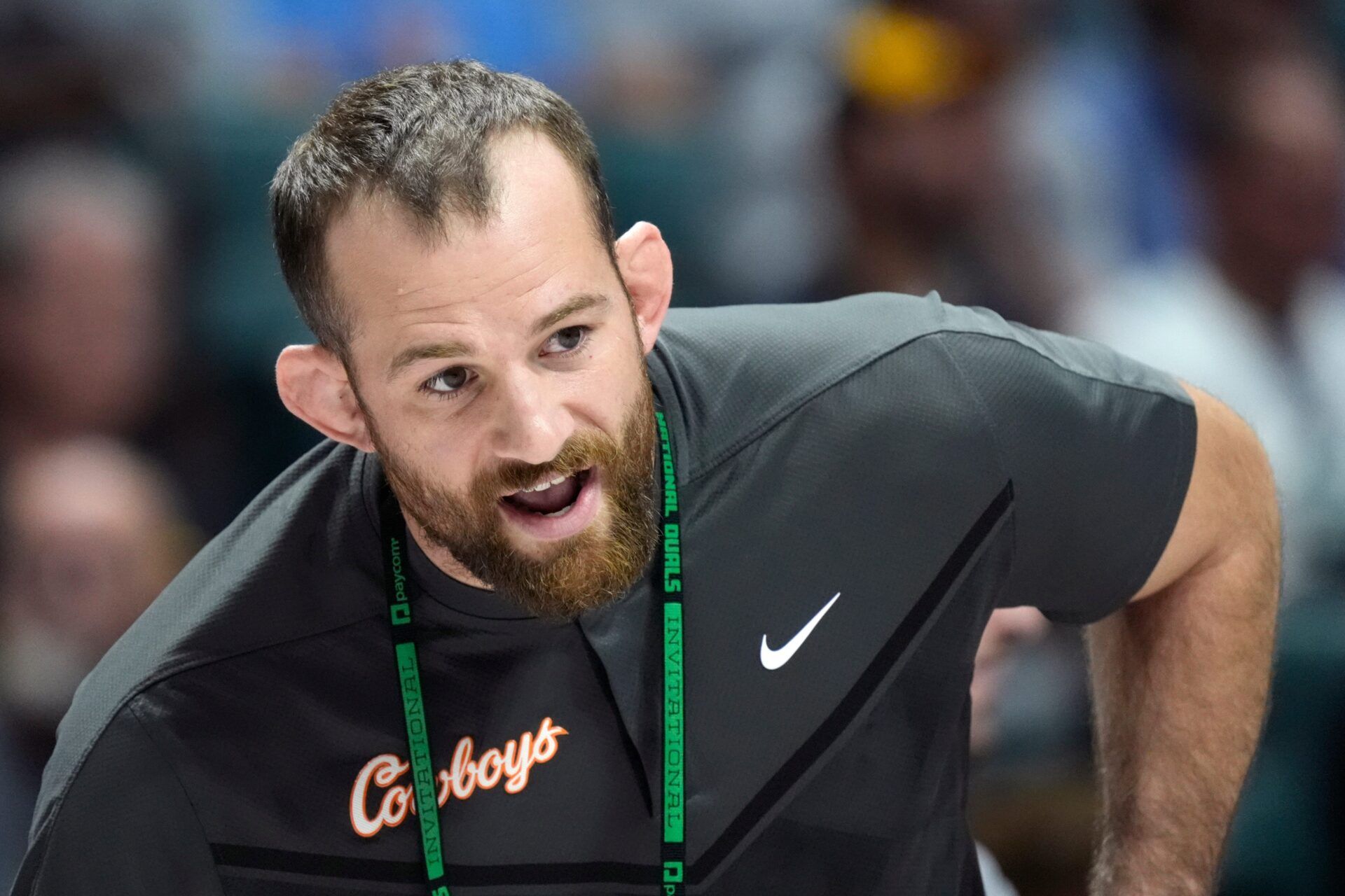 Oklahoma State wrestling coach David Taylor shouts instructions during the National Duals Invitational at the BOK Center in Tulsa, Okla, Saturday, Nov. 15, 2025.