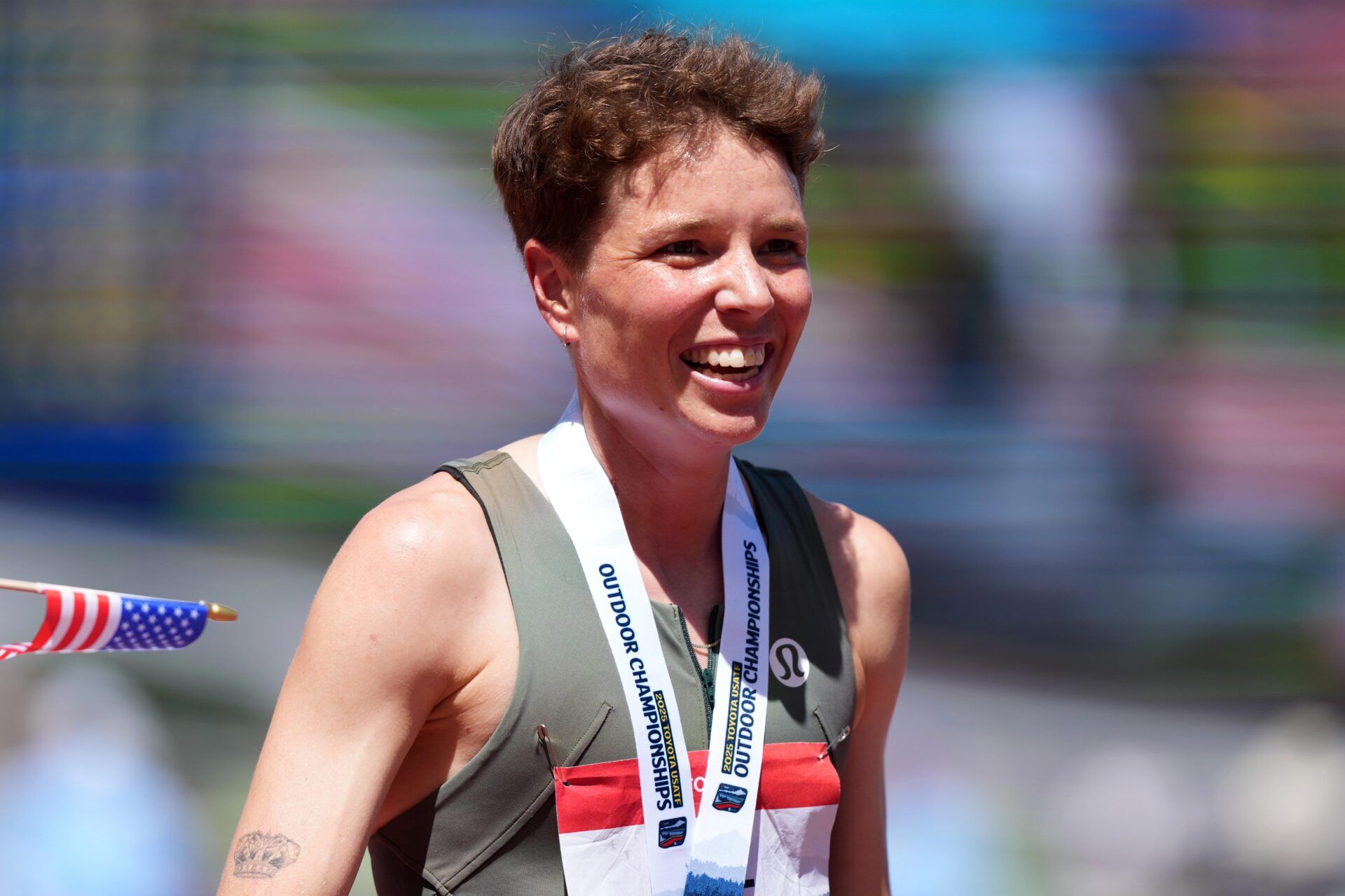 Nikki Hiltz poses after winning the women's 1,500m in 4:03.15 during the USATF Championships at Hayward Field.