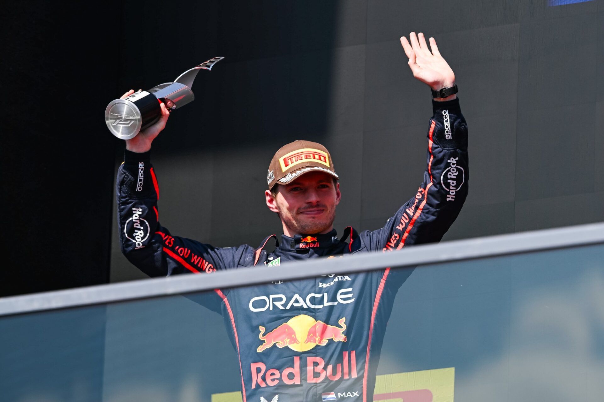 Second place Red Bull Racing driver Max Verstappen (1) reacts after receiving his trophy at the F1 Canadian Grand Prix at Circuit Gilles-Villeneuve.
