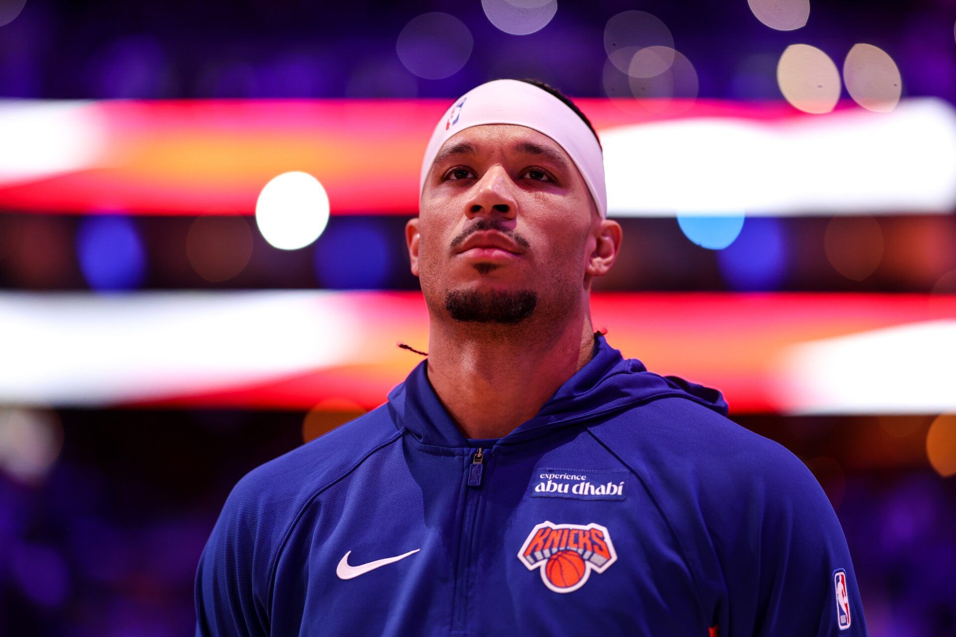 New York Knicks guard Josh Hart stands for the anthem before action against the Philadelphia 76ers at Xfinity Mobile Arena.
