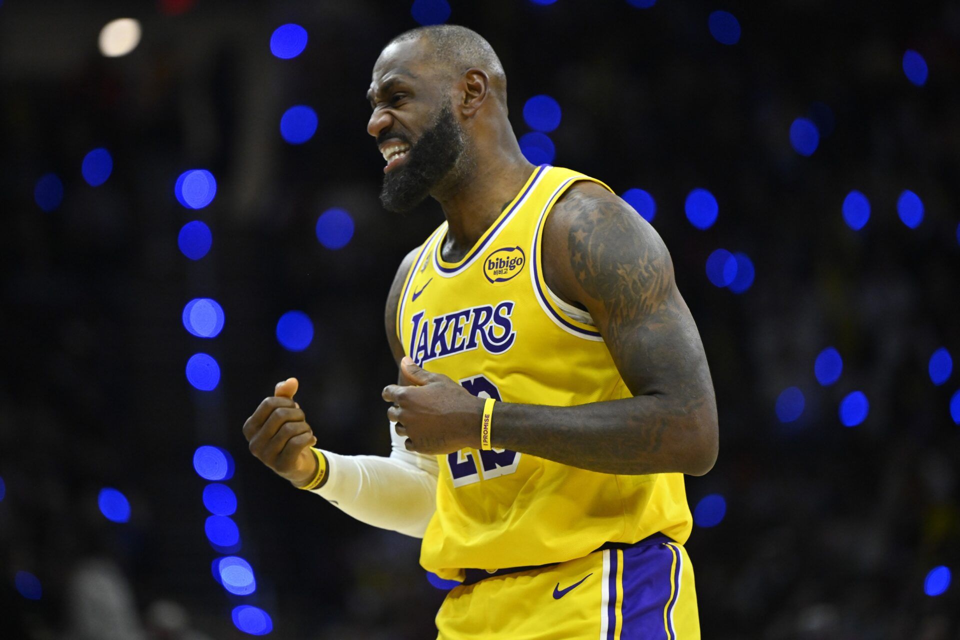 Los Angeles Lakers forward LeBron James (23) reacts in the third quarter against the Cleveland Cavaliers at Rocket Arena.