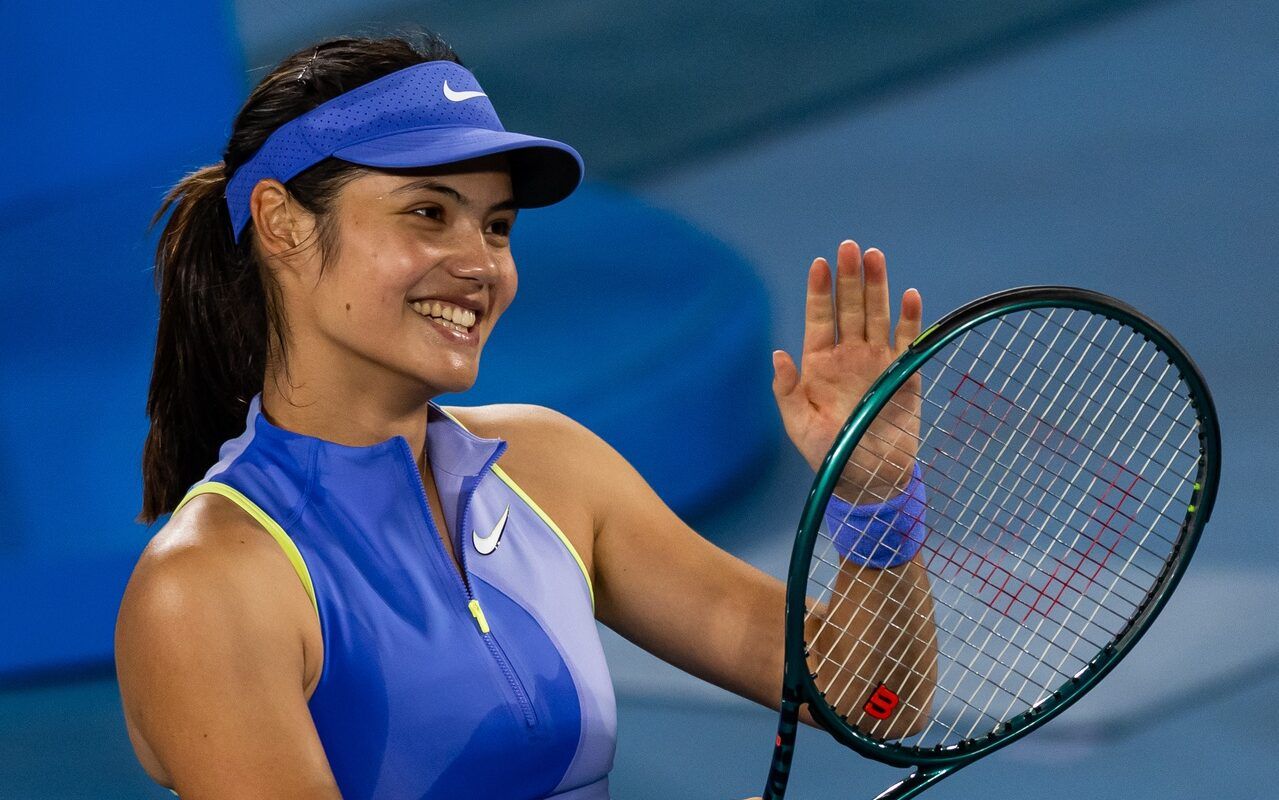 Emma Raducanu of United Kingdom celebrates her victory over Mananchaya Sawangkaew of Thailand in the first round of the women’s singles at the Australian Open at Margaret Court Arena in Melbourne Park.