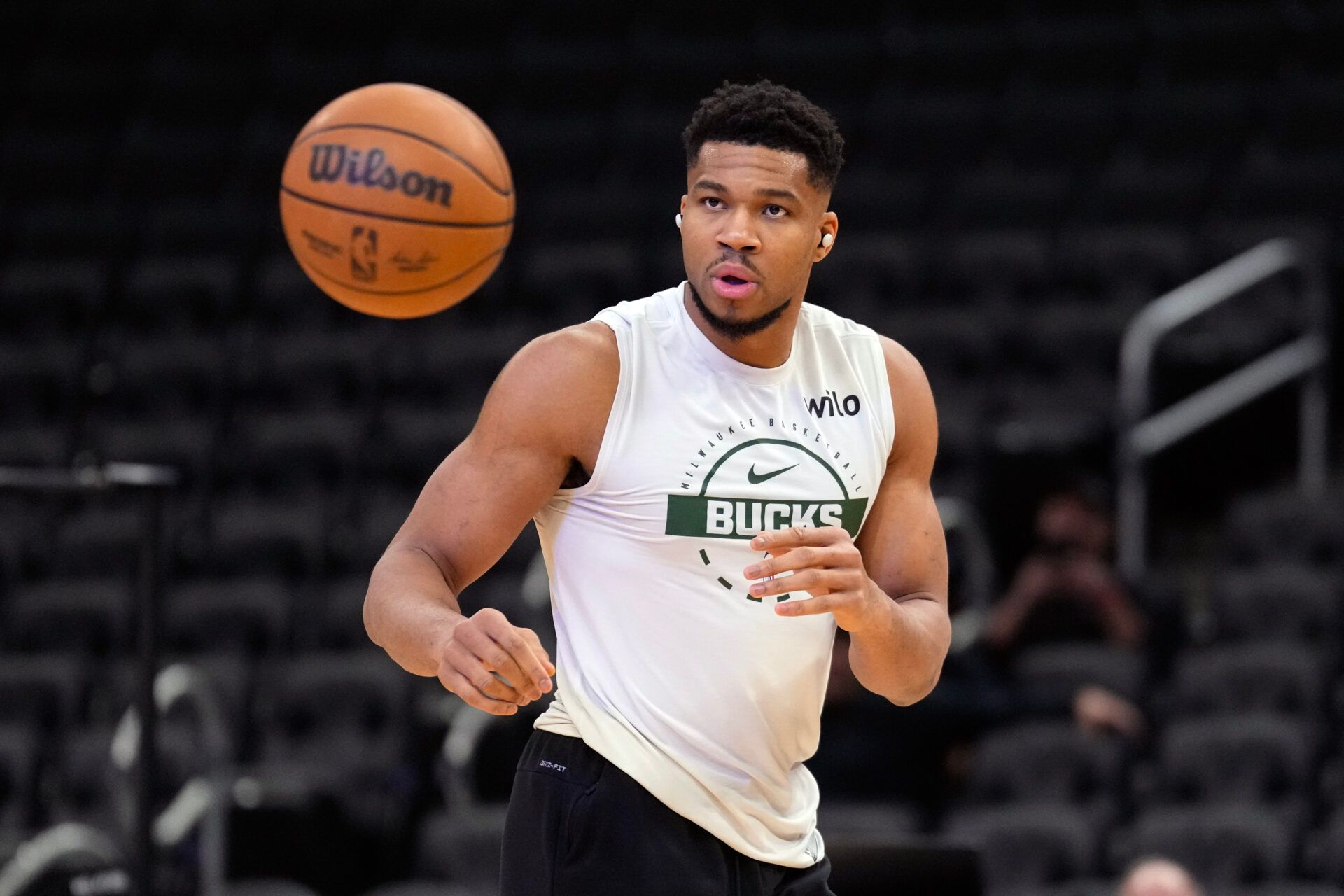 Milwaukee Bucks forward Giannis Antetokounmpo (34) during warmups prior to the game against the Washington Wizards at Fiserv Forum.