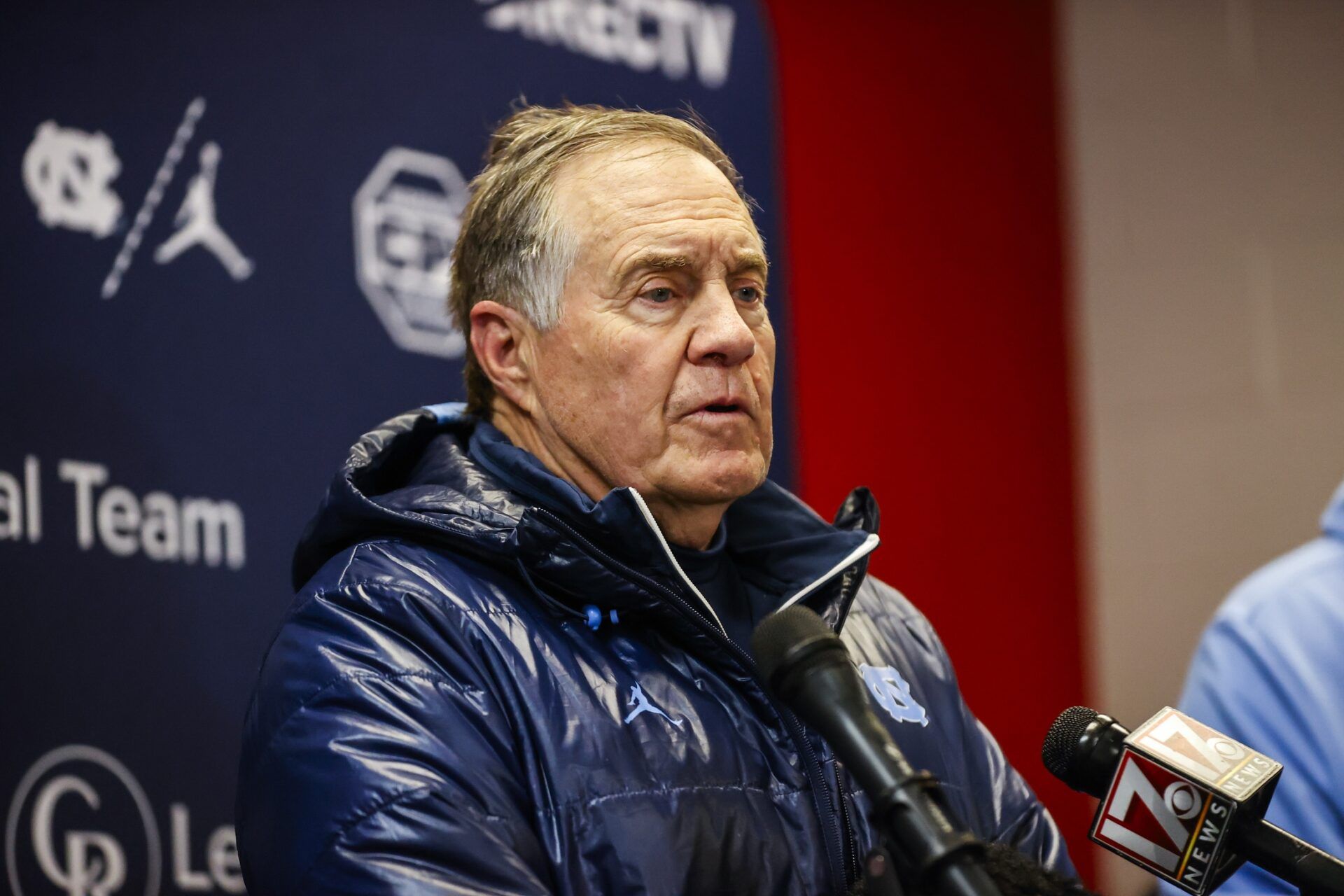 North Carolina Tar Heels head coach Bill Belichick addresses the media after the second half of the game against NC State Wolfpack at Carter-Finley Stadium.