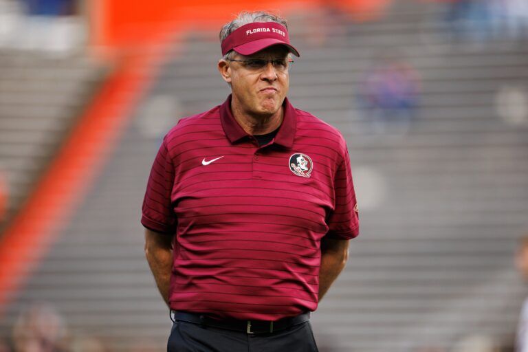 Florida State Seminoles offensive coordinator Gus Malzahn looks on before a game against the Florida Gators at Ben Hill Griffin Stadium.