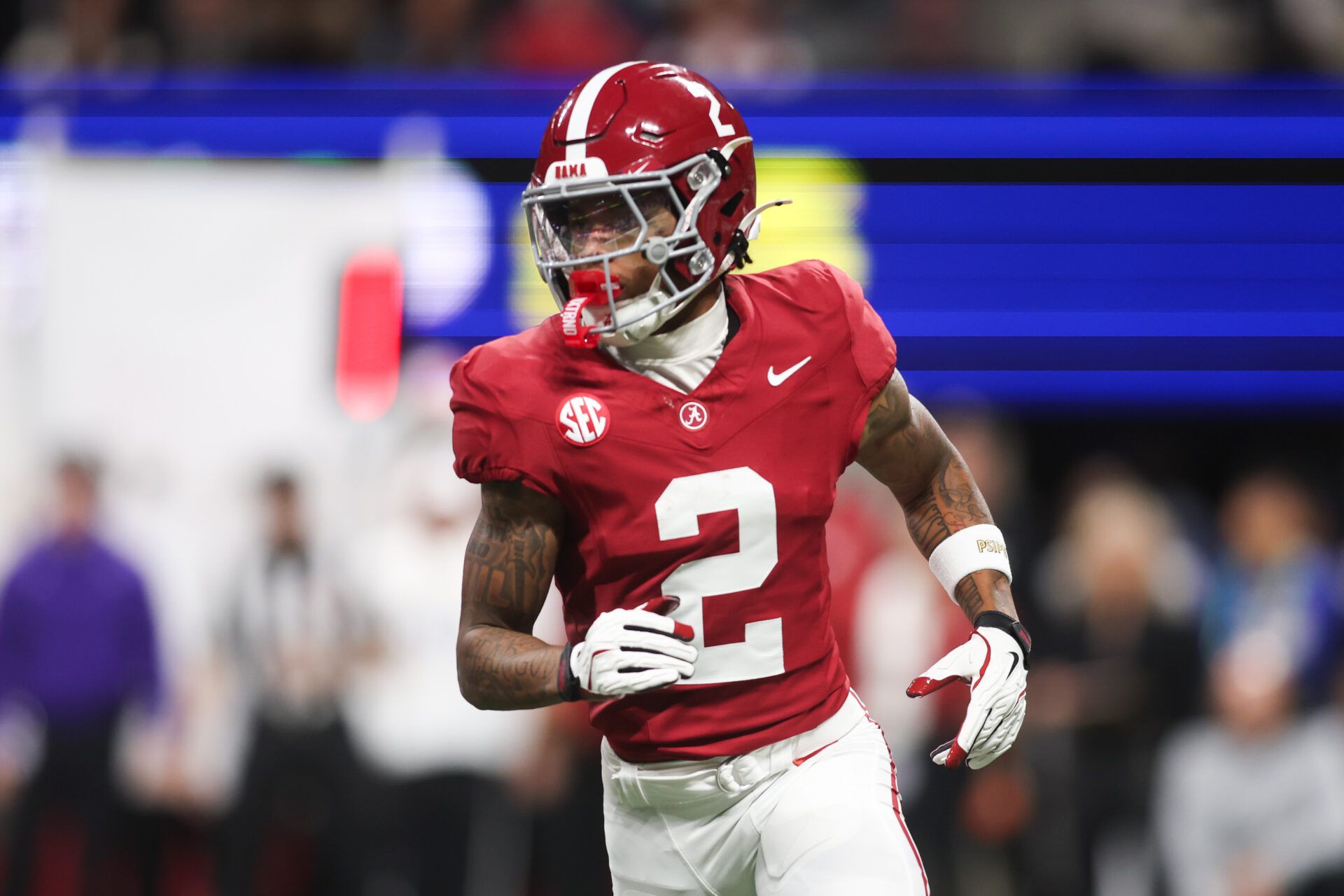Alabama Crimson Tide wide receiver Ryan Williams (2) looks on during the first quarter against the Georgia Bulldogs during the 2025 SEC Championship game at Mercedes-Benz Stadium.
