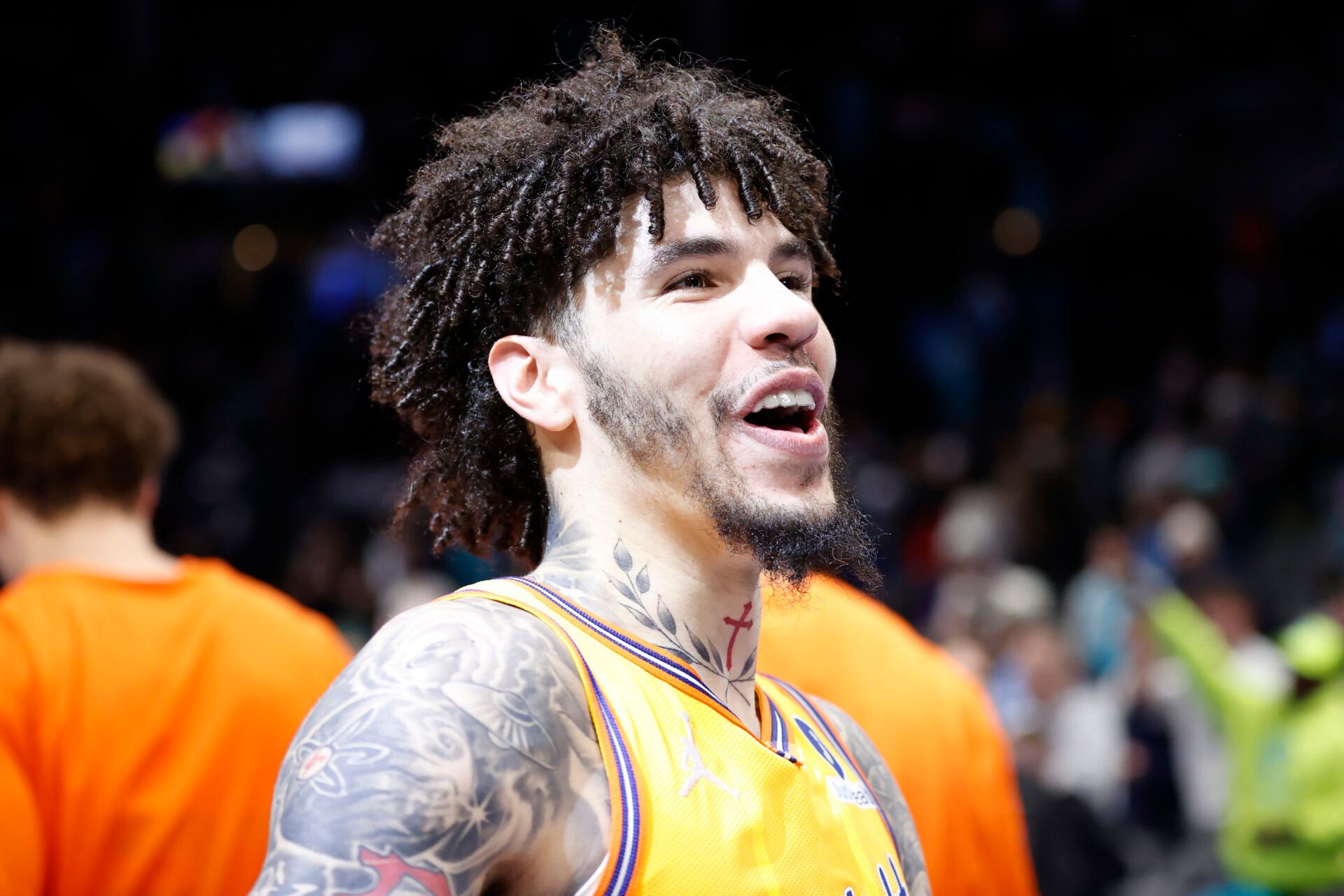 Charlotte Hornets guard LaMelo Ball (1) celebrates following the win over the San Antonio Spurs at Spectrum Center.