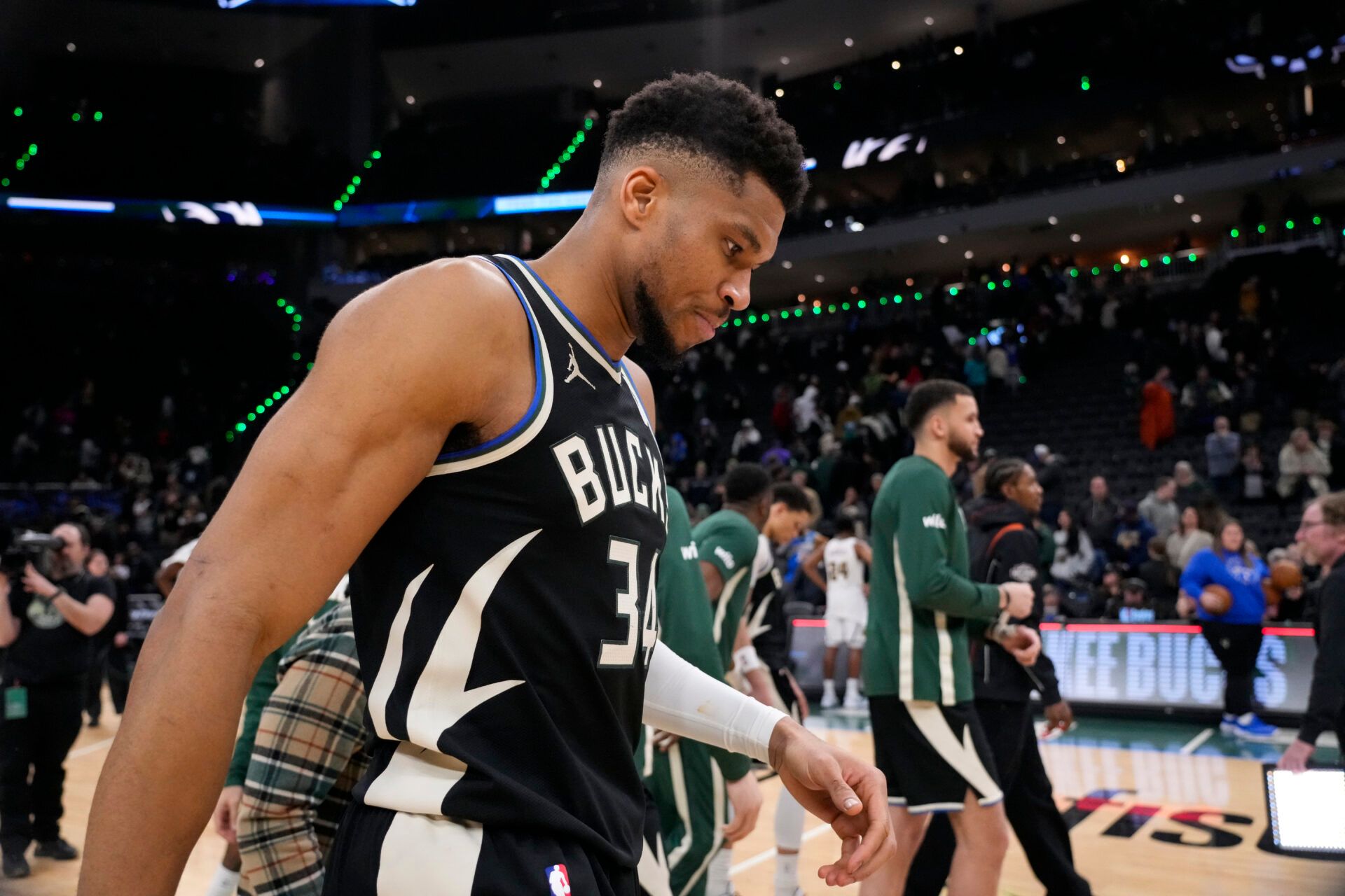 Milwaukee Bucks forward Giannis Antetokounmpo (34) following the game against the Denver Nuggets at Fiserv Forum.