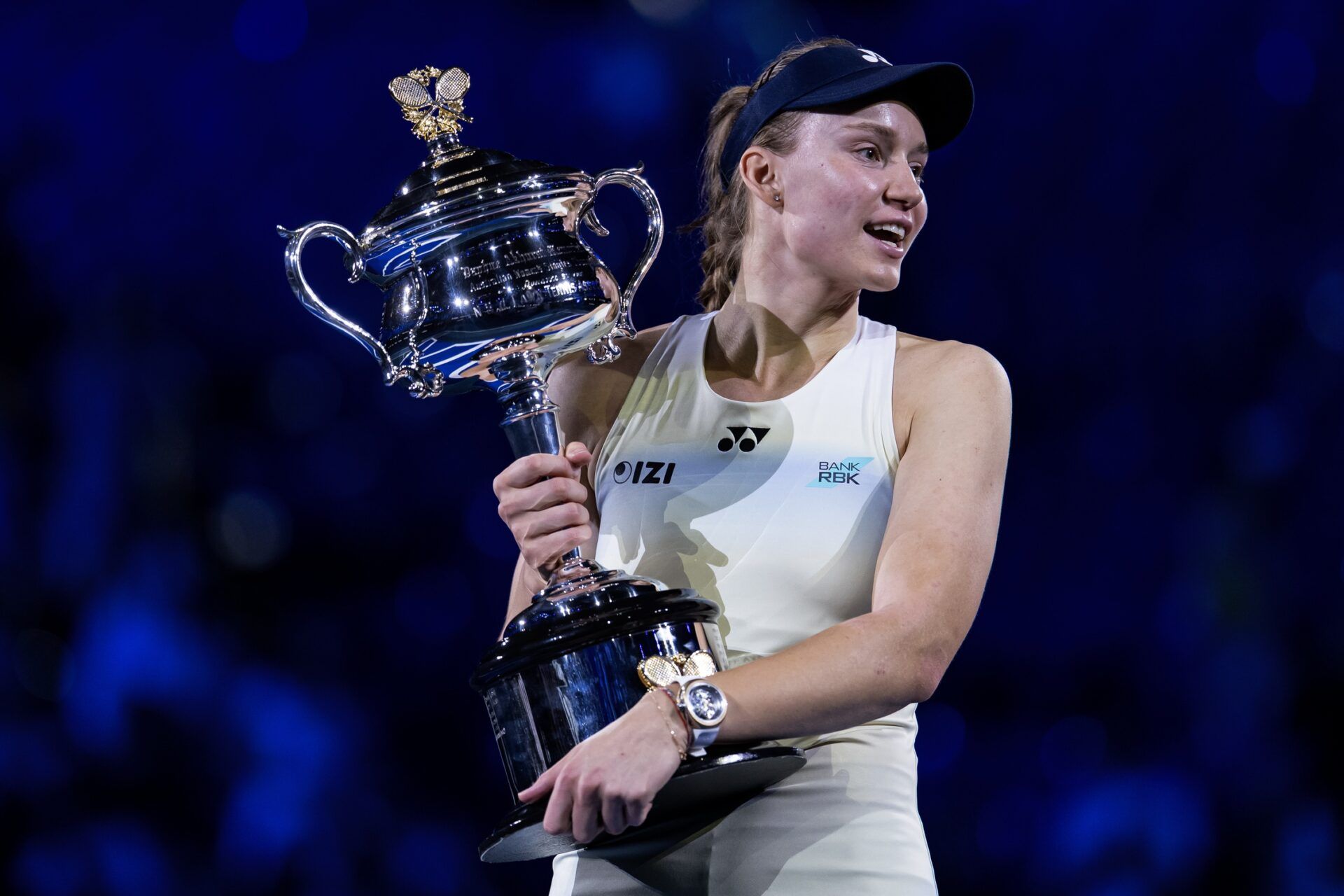 Elena Rybakina of Kazakhstan with the Daphne Akhurst Memorial Cup after her victory over Aryna Sabalenka (not pictured) in the final of the women’s singles at the Australian Open at Rod Laver Arena in Melbourne Park.