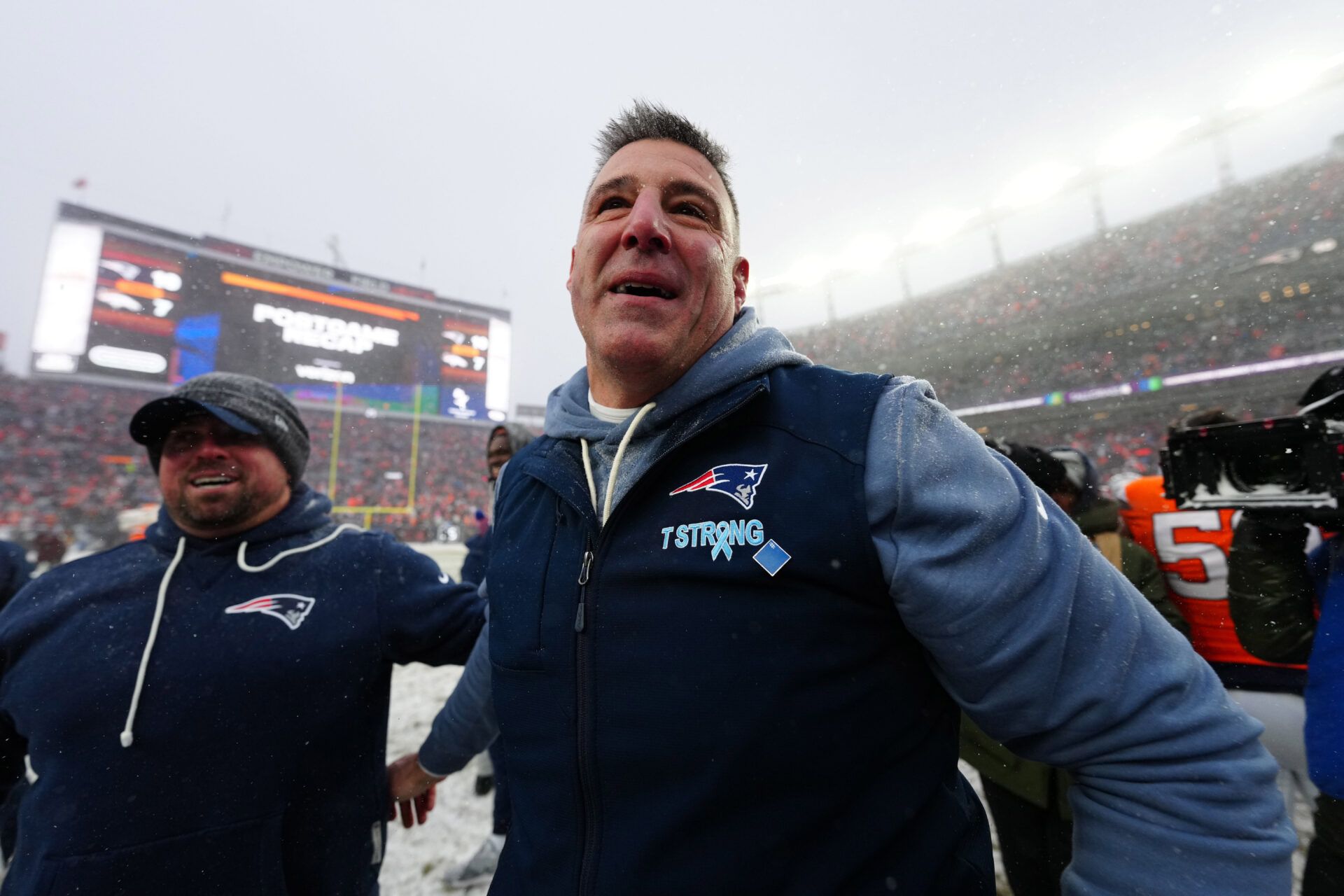 New England Patriots head coach Mike Vrabel reacts after defeating the Denver Broncos in the 2026 AFC Championship Game at Empower Field at Mile High.