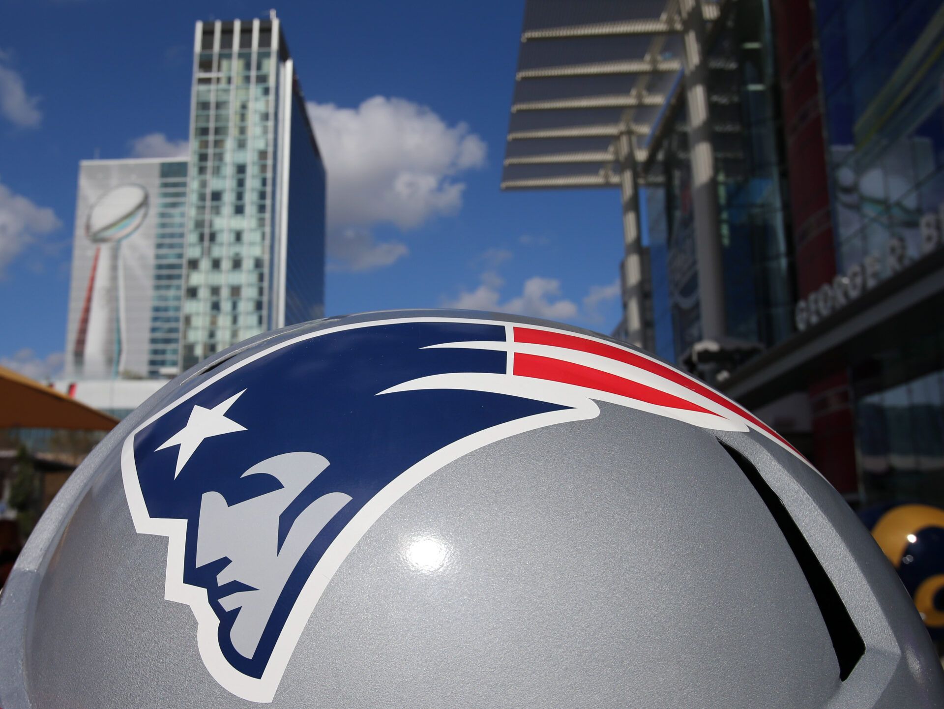 Detailed view of the New England Patriots logo on a helmet sculpture outside the George R. Brown Convention Center in preparation for Super Bowl LI.