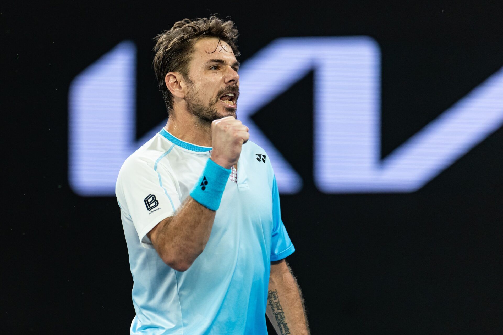 Stan Wawrinka of Switzerland in action against Taylor Fritz of United States in the third round of the mens singles at the Australian Open at John Cain Arena in Melbourne Park.