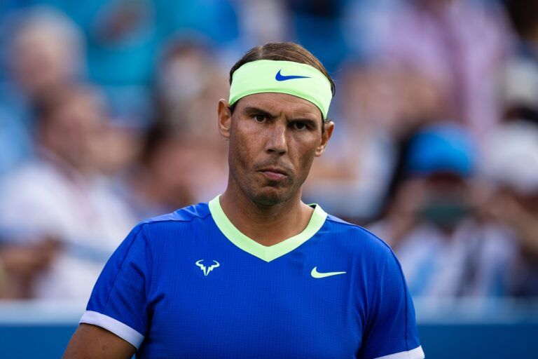 Rafael Nadal of Spain looks on against Jack Sock of the United States (not pictured) during the Citi Open at Rock Creek Park Tennis Center.