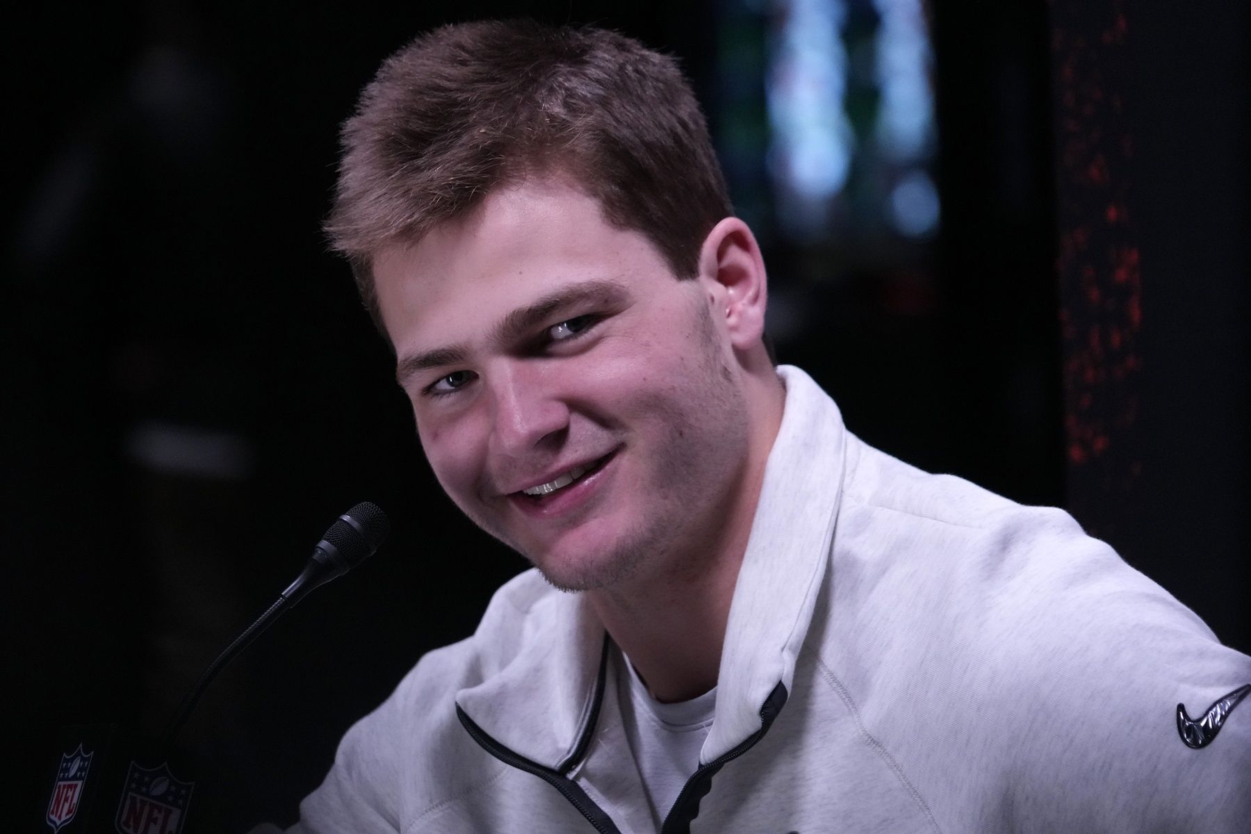 New England Patriots quarterback Drake Maye (10) speaks to the media during Opening Night for Super Bowl LX at San Jose Convention Center.