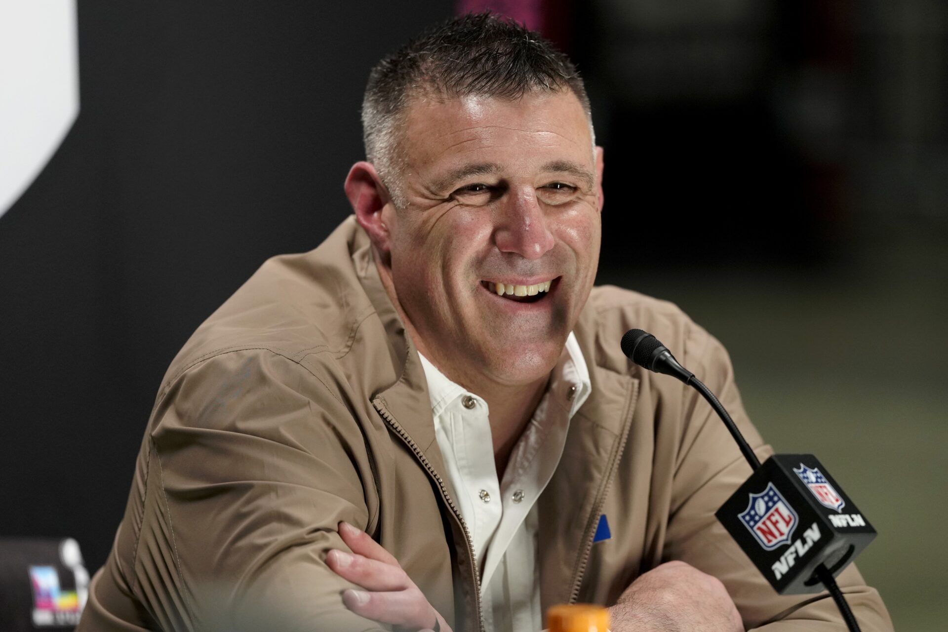 New England Patriots head coach Mike Vrabel speaks to media during Opening Night for Super Bowl LX at San Jose Convention Center.