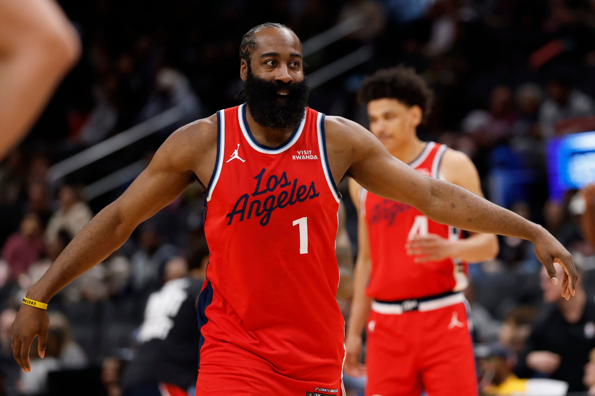 LA Clippers guard James Harden (1) stands on the court prior to the opening tip against the Washington Wizards at Capital One Arena.