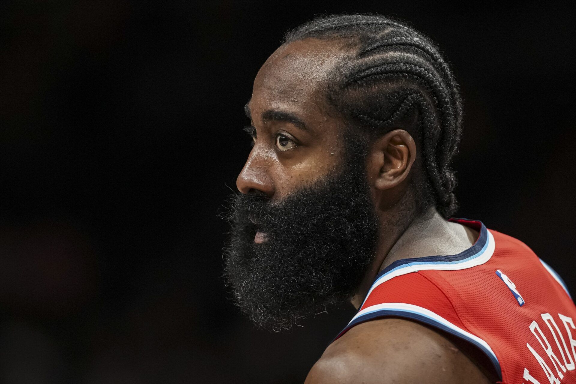 LA Clippers guard James Harden (1) on the court against the Atlanta Hawks during the first half at State Farm Arena.