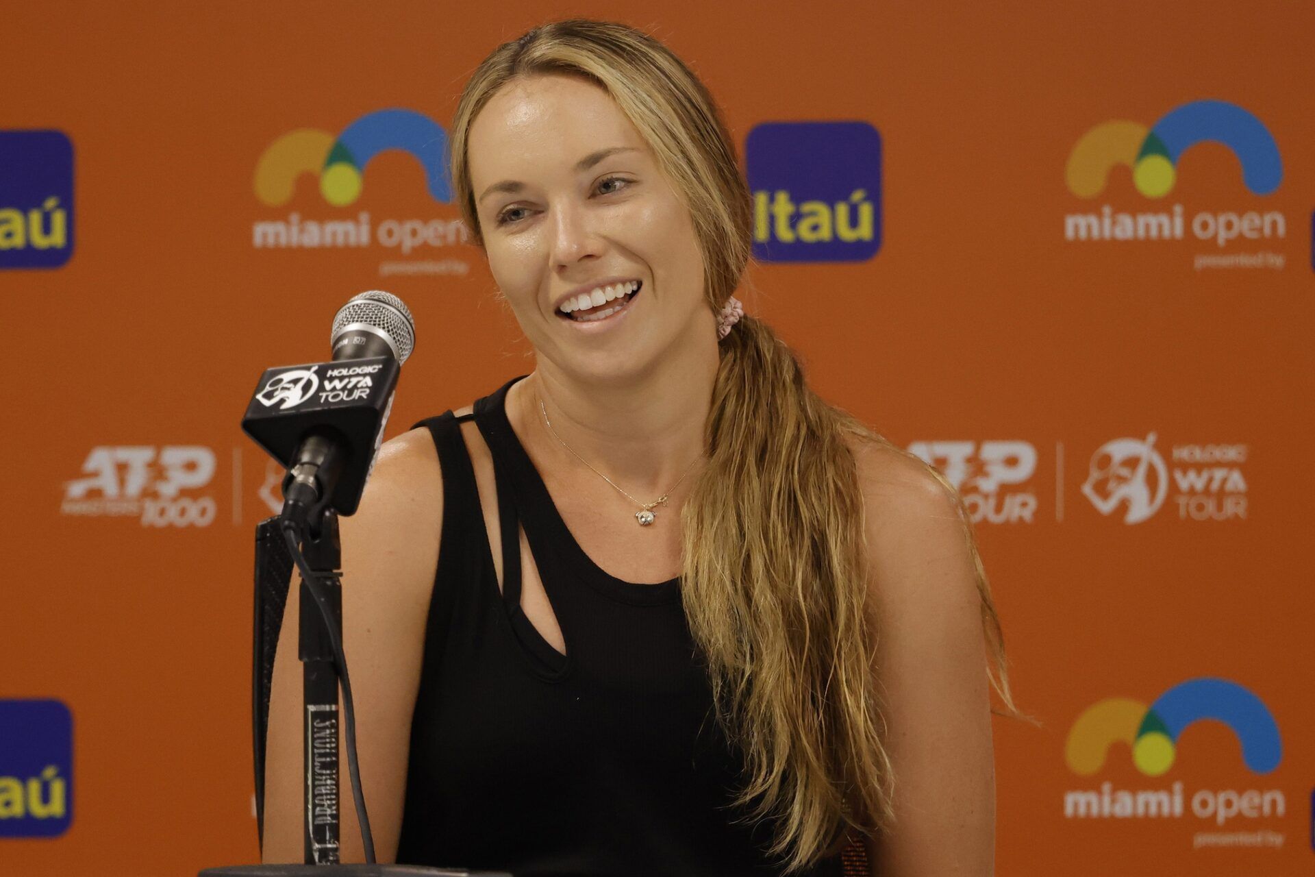 Danielle Collins (USA) speaks at a Media Day press conference during the Miami Open at Hard Rock Stadium.