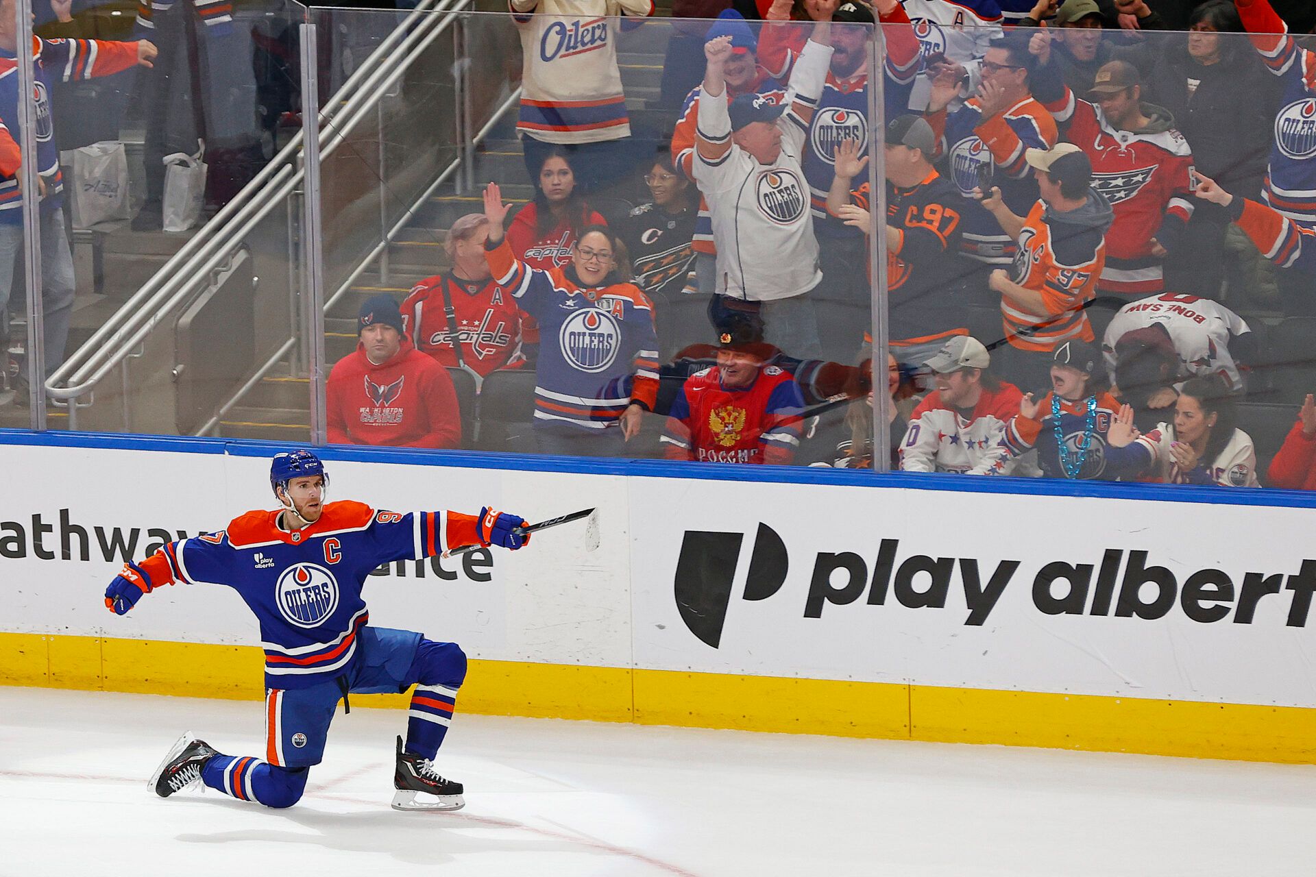 Edmonton Oilers forward Connor McDavid (97) celebrates after scoring a goal against the Washington Capitals during overtime at Rogers Place.