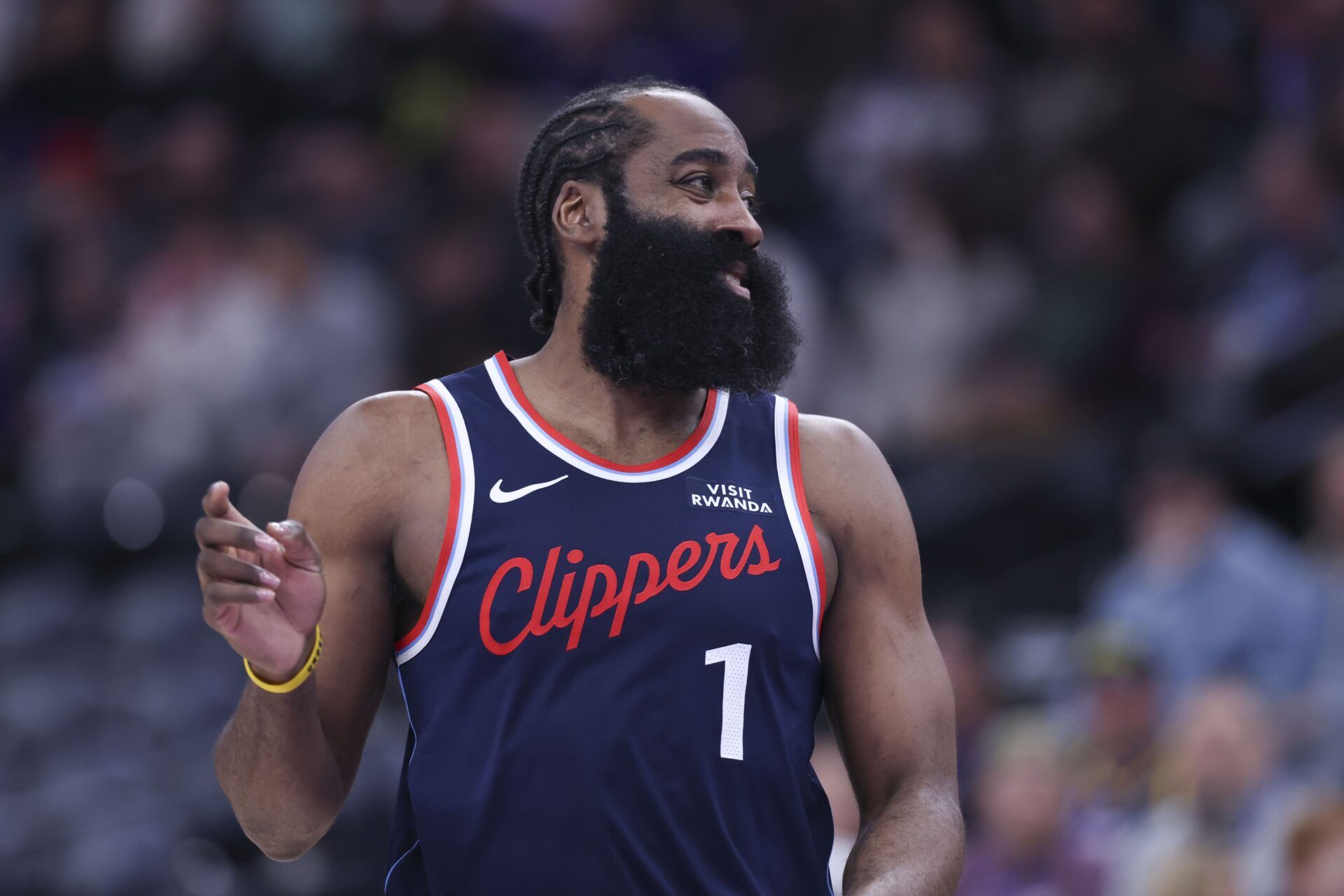 LA Clippers guard James Harden (1) reacts after a shot against the Utah Jazz during the second half at Delta Center.