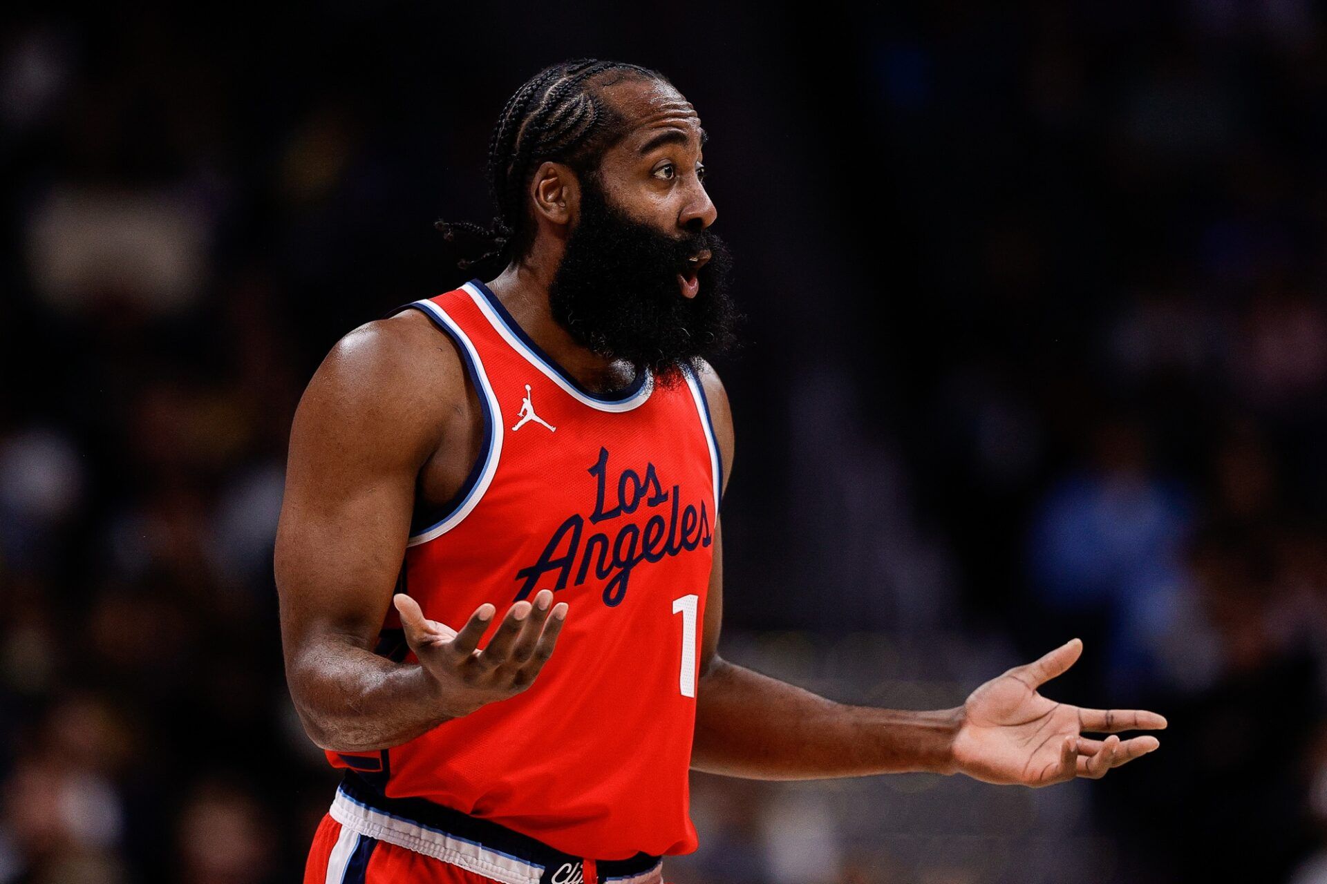 Los Angeles Clippers guard James Harden (1) reacts in the first quarter against the Denver Nuggets at Ball Arena.