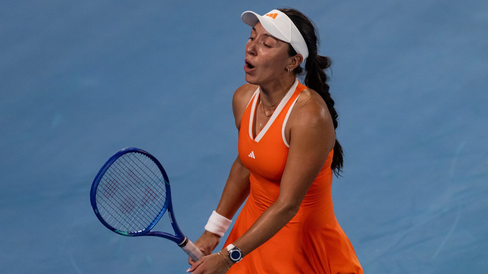 Jessica Pegula of United States in action against Elena Rybakina of Kazakhstan in the semifinals of the womens singles at the Australian Open at Rod Laver Arena in Melbourne Park.