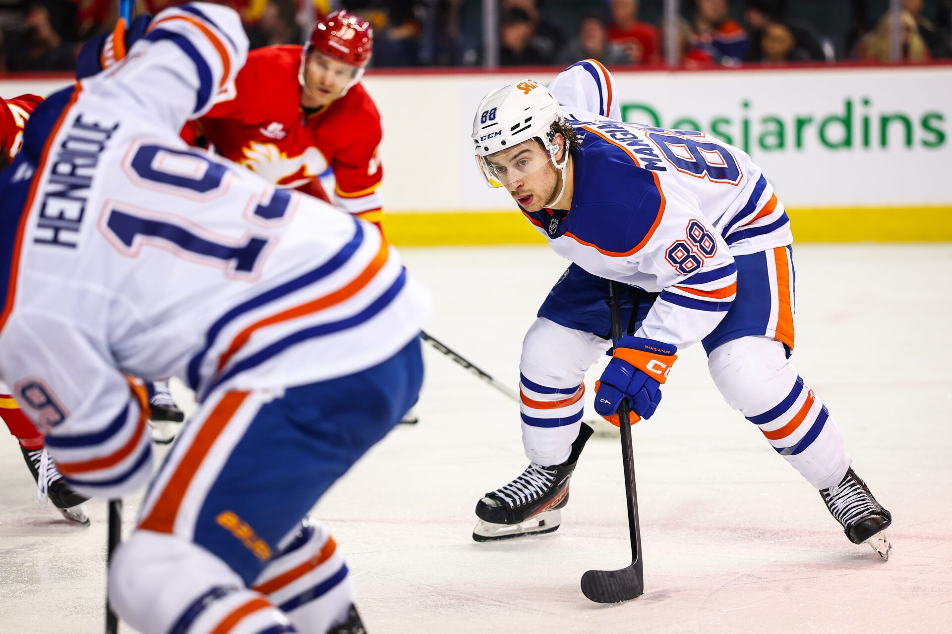 Edmonton Oilers left wing Andrew Mangiapane (88) during the face off against the Calgary Flames during the third period at Scotiabank Saddledome.