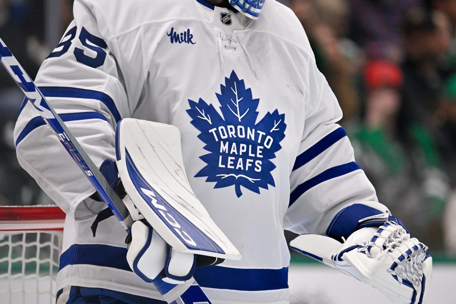 A view of the logo on the jersey of Toronto Maple Leafs goaltender Dennis Hildeby (35) during the game at the American Airlines Center.