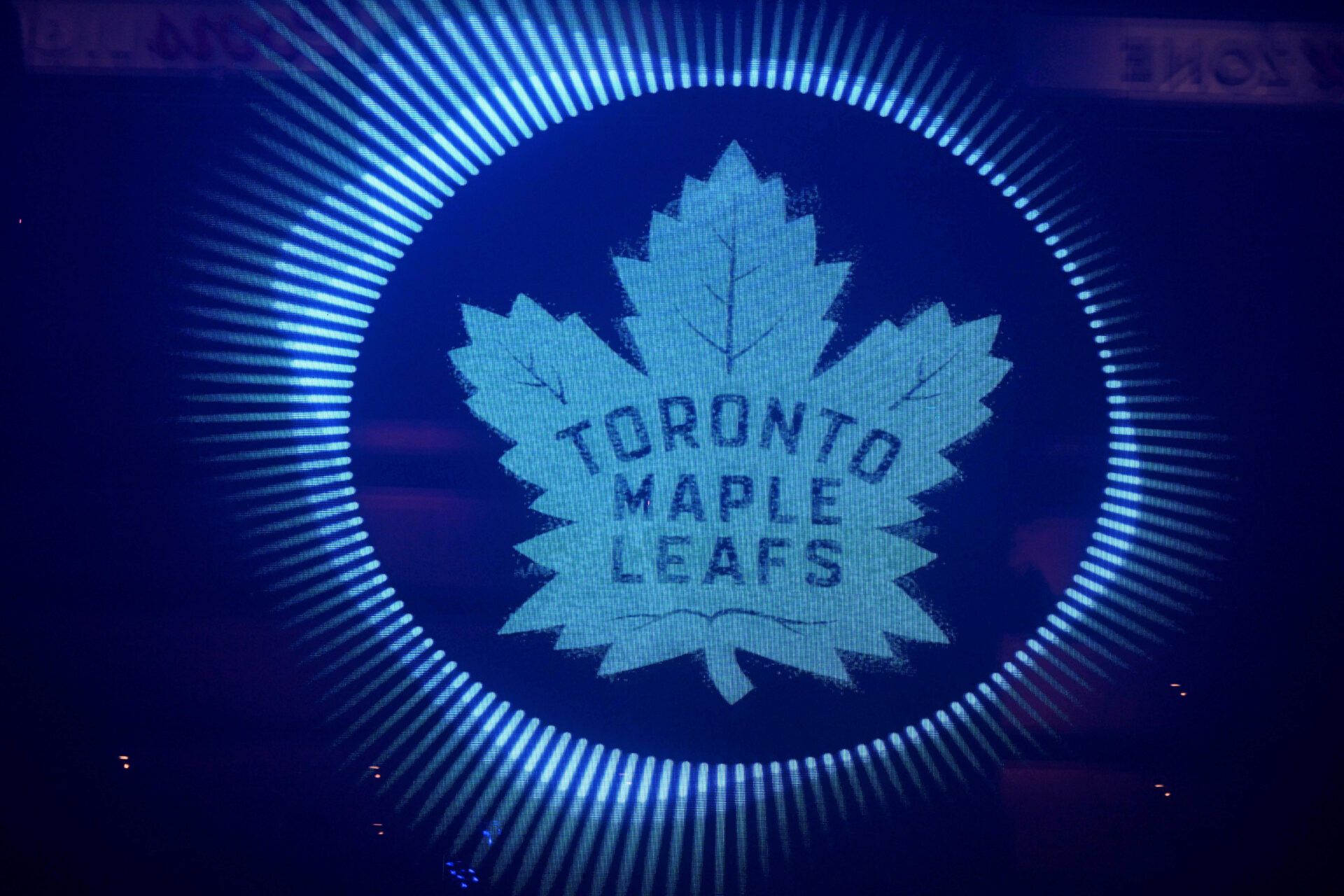 A Toronto Maple Leafs logo appear on the arena video board at Scotiabank Arena.