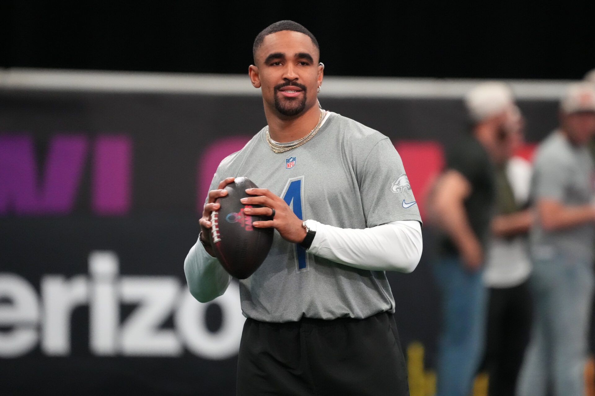 Philadelphia Eagles quarterrback Jalen Hurts (1) during NFC practice at the NFL Flag Fieldhouse at Moscone Center South Building.