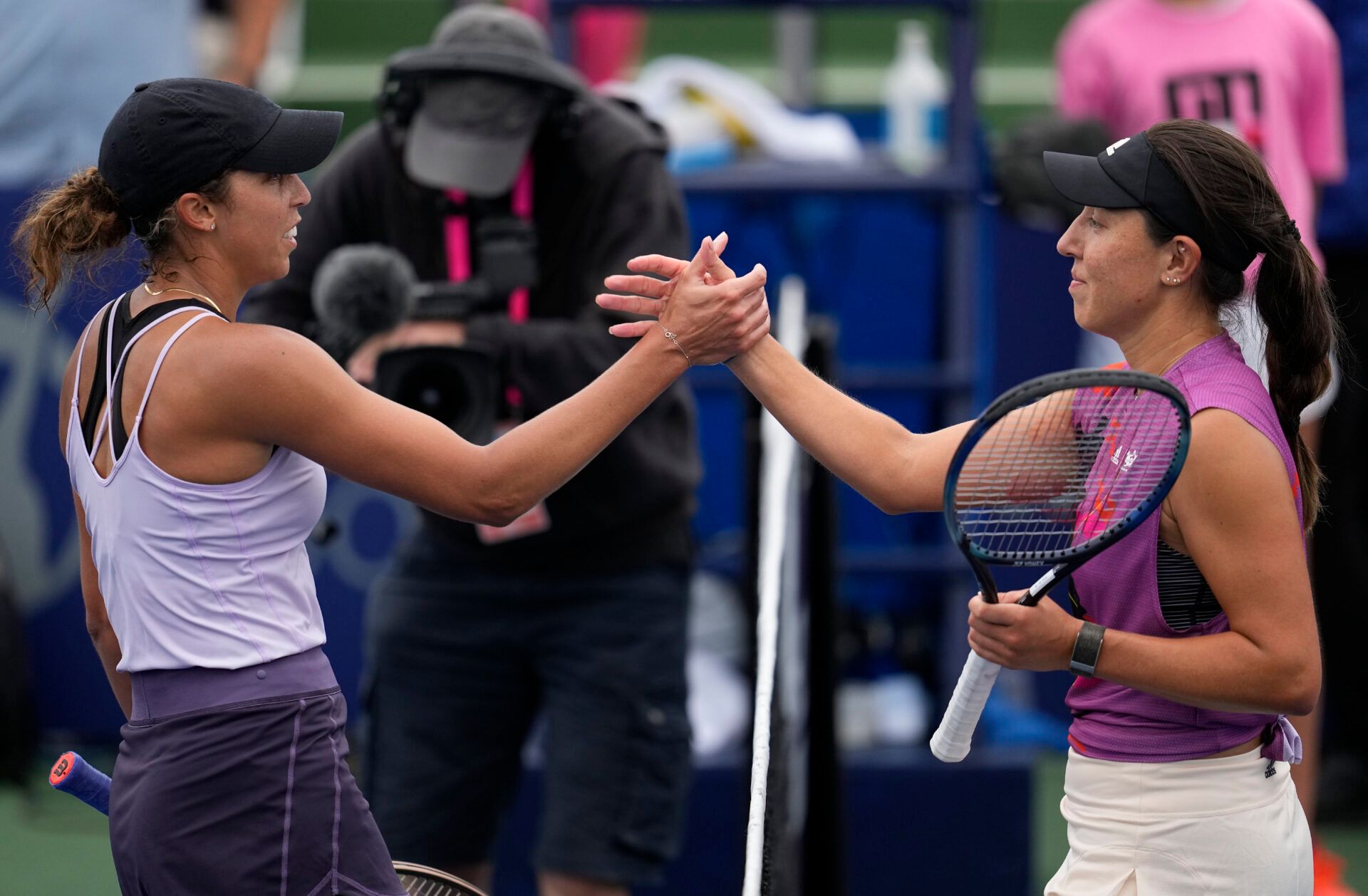 Jessica Pegula of the United States (right) greets Madison Keys of the United States (left) after their match during the San Diego Open at Barnes Tennis Center.