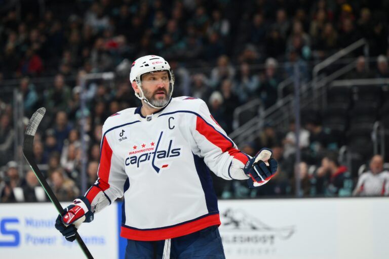Washington Capitals left wing Alex Ovechkin (8) during the third period against the Seattle Kraken at Climate Pledge Arena.
