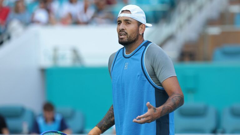 Nick Kyrgios (AUS) reacts towards his player's box after losing a point against Mackenzie McDonald (USA)(not pictured) on day two of the Miami Open at Hard Rock Stadium.
