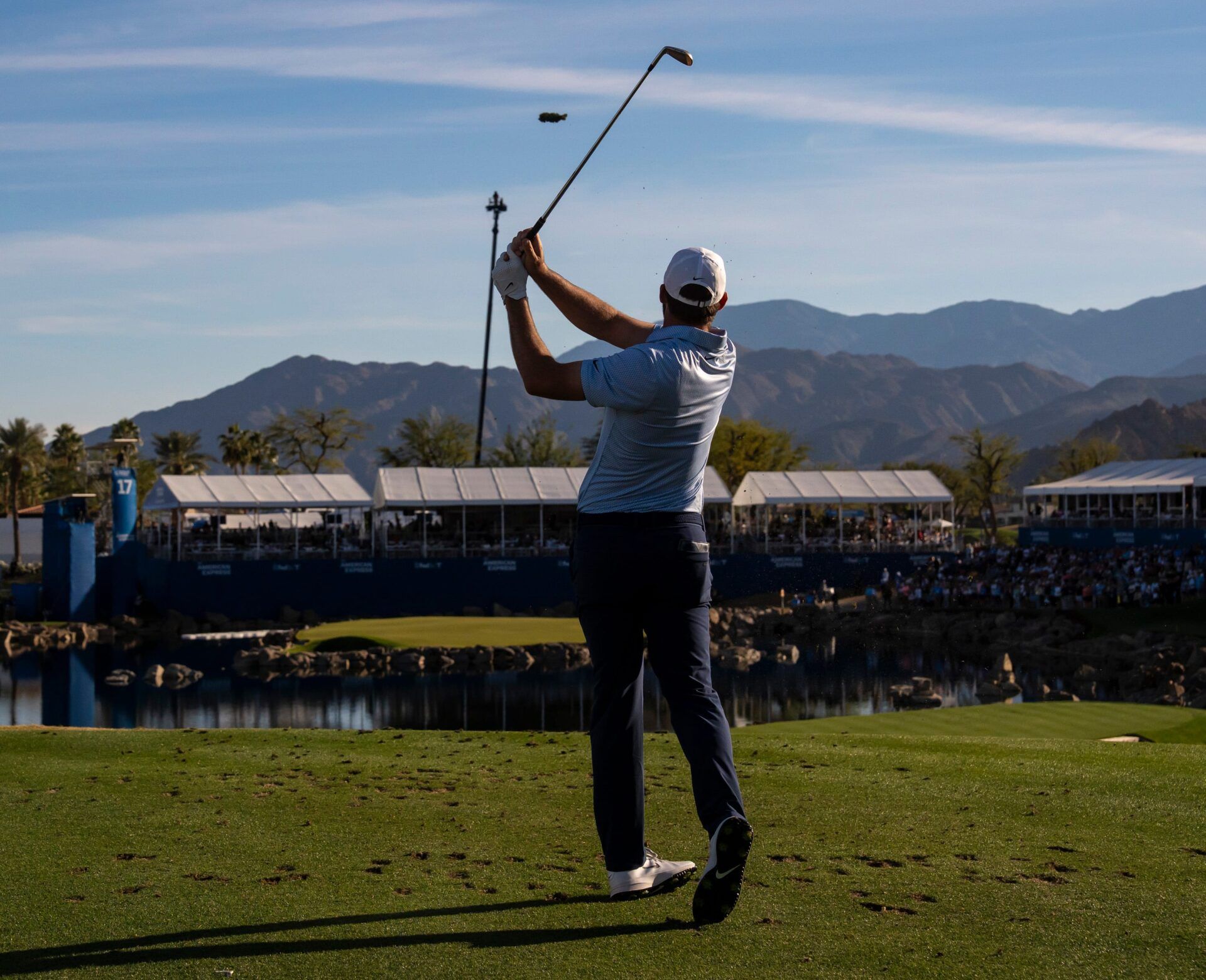 Scottie Scheffler tees off on 17 of the Pete Dye Stadium Course during the final round of The American Express in La Quinta, Calif., Sunday, Jan. 25, 2026.