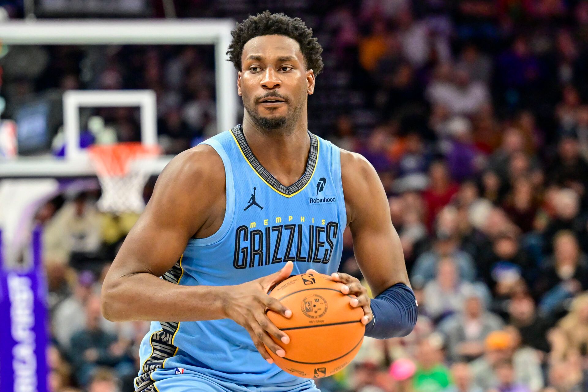 Memphis Grizzlies forward/center Jaren Jackson Jr. (8) looks to pass around Utah Jazz center Kyle Filipowski (22) during the first half at Delta Center.