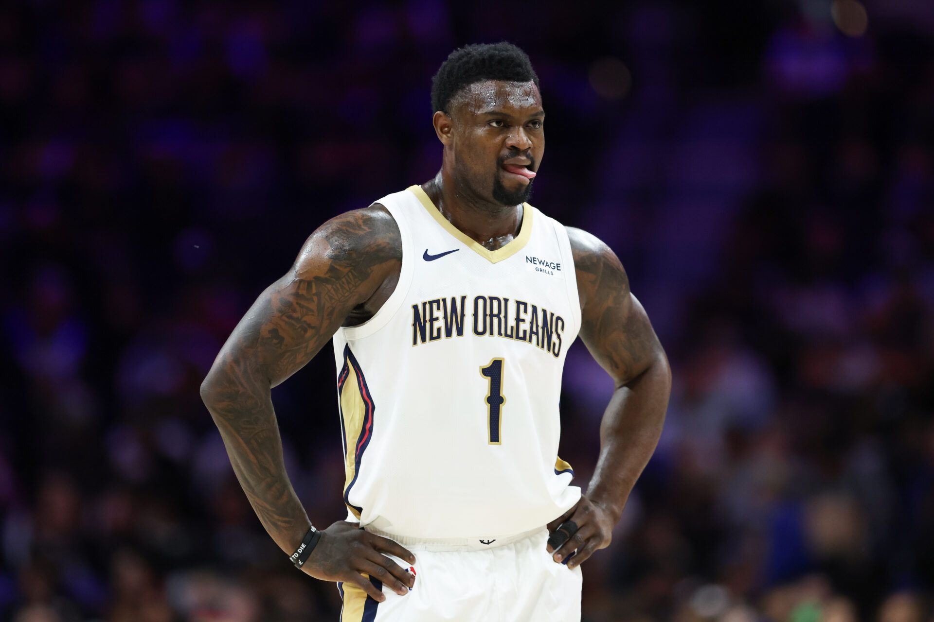 New Orleans Pelicans forward Zion Williamson (1) looks on against the Philadelphia 76ers during the first quarter at Xfinity Mobile Arena.
