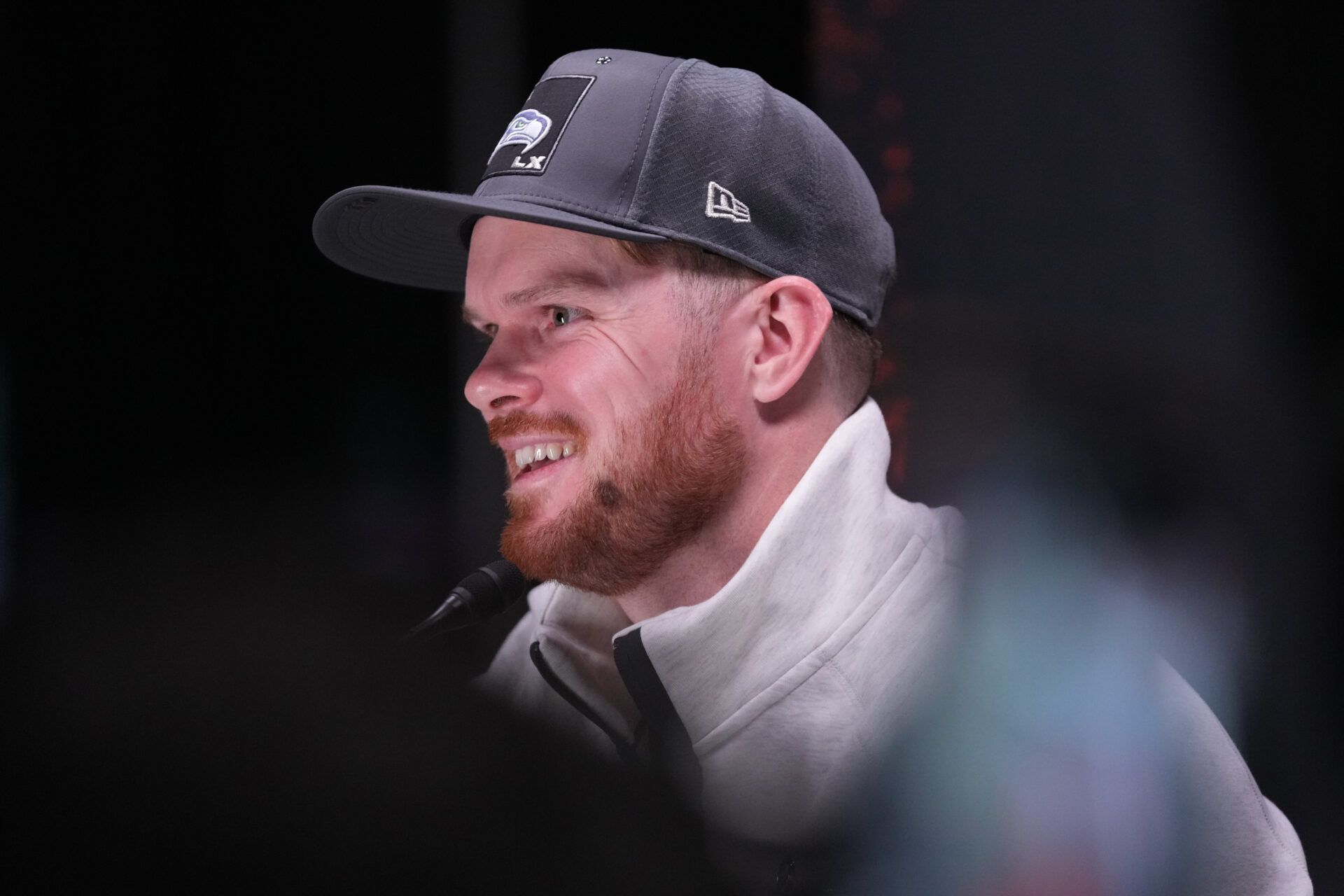 Seattle Seahawks quarterback Sam Darnold (14) speaks to media during Opening Night for Super Bowl LX at San Jose Convention Center.