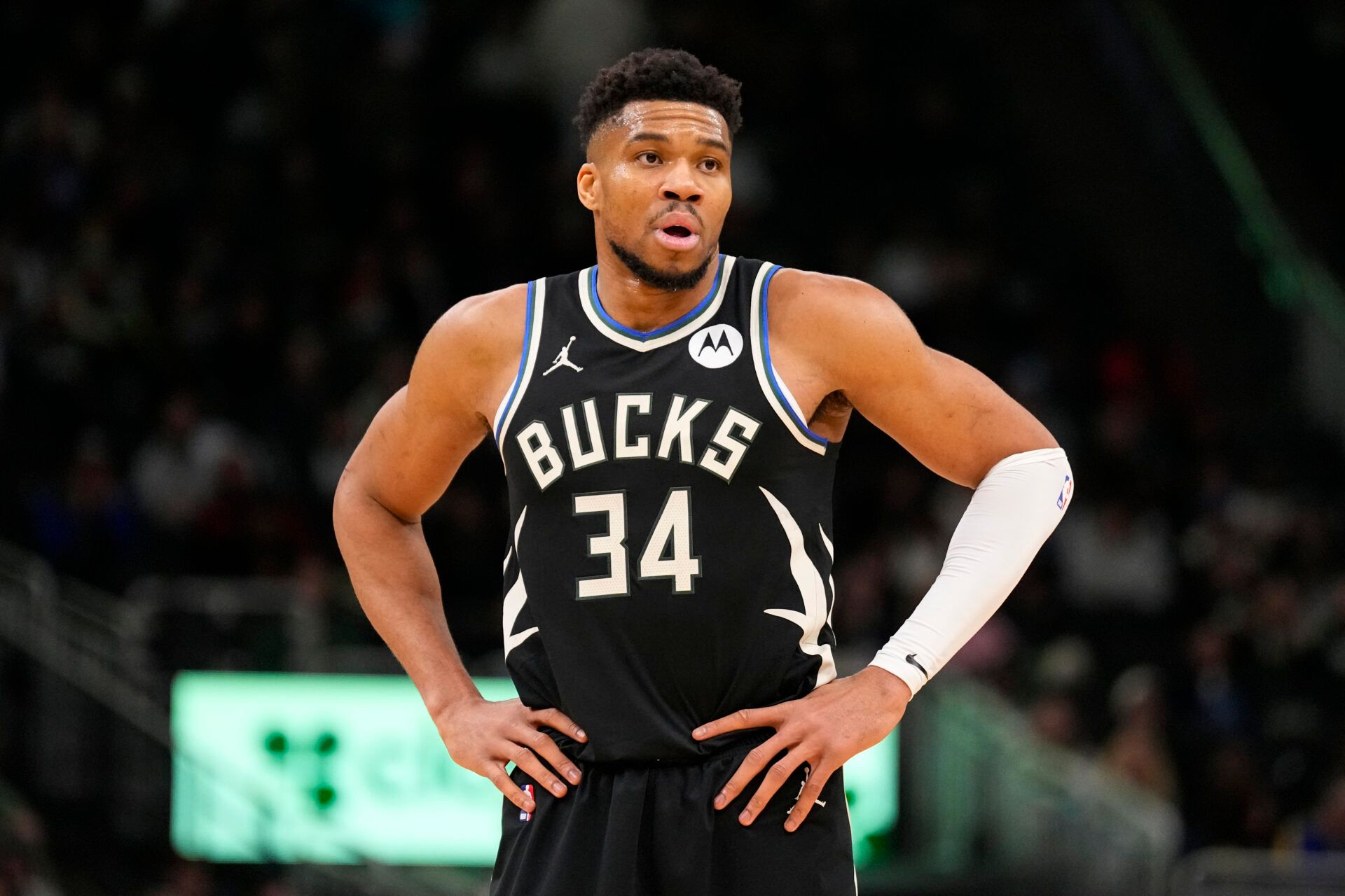 Milwaukee Bucks forward Giannis Antetokounmpo (34) looks on during the second quarter against the Denver Nuggets at Fiserv Forum.