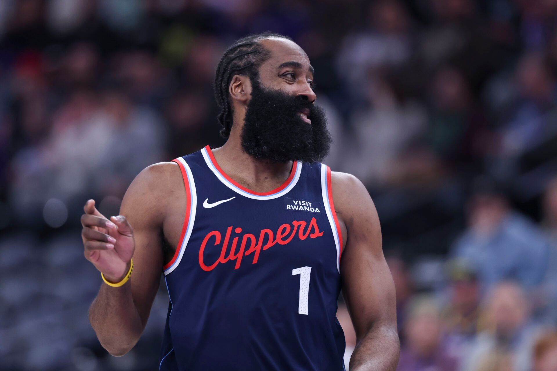 LA Clippers guard James Harden (1) reacts after a shot against the Utah Jazz during the second half at Delta Center.