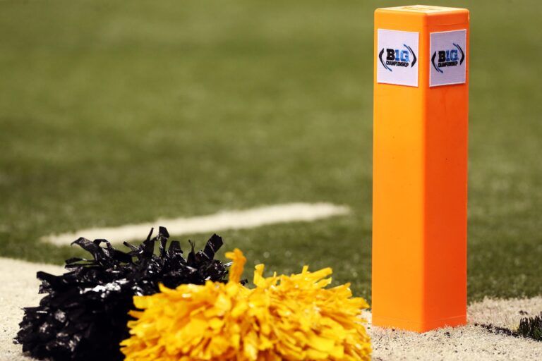A view of an end zone pylon at the Big Ten Conference football championship game between the Iowa Hawkeyes and the Michigan State Spartans at Lucas Oil Stadium.