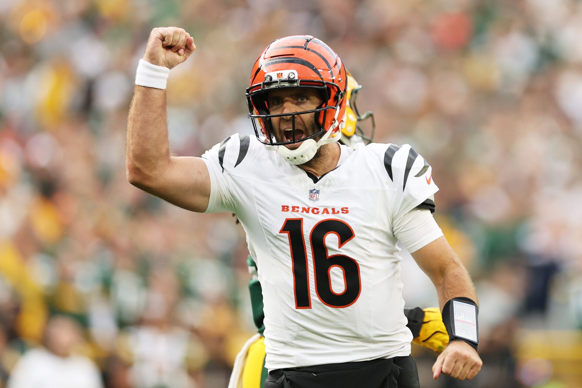 GREEN BAY, WISCONSIN - OCTOBER 12: Joe Flacco #16 of the Cincinnati Bengals reacts during the third quarter in the game against the Green Bay Packers at Lambeau Field on October 12, 2025 in Green Bay, Wisconsin. (Photo by Michael Reaves/Getty Images)