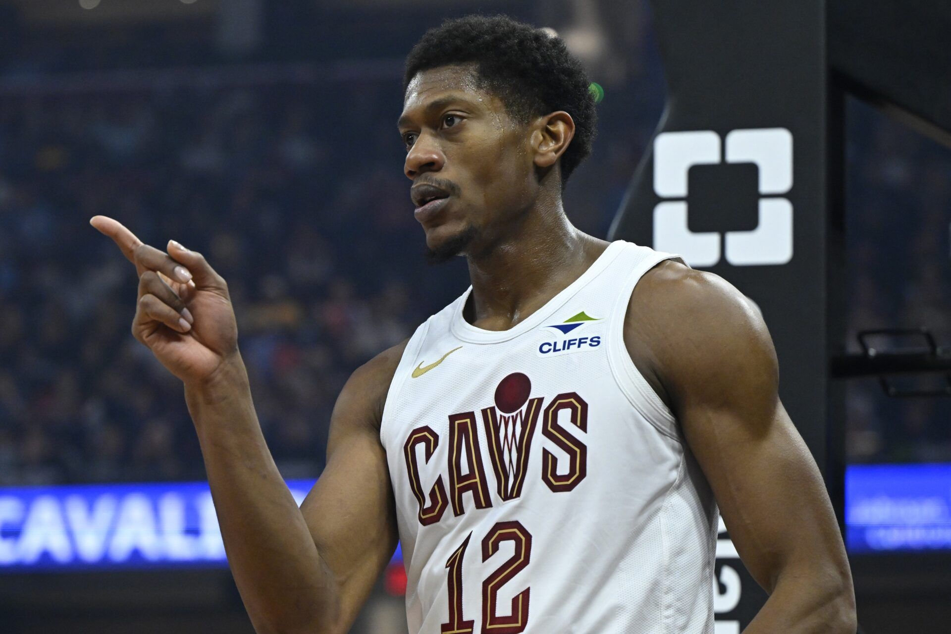 Cleveland Cavaliers forward De'Andre Hunter (12) reacts after scoring in the first quarter against the Toronto Raptors at Rocket Arena.