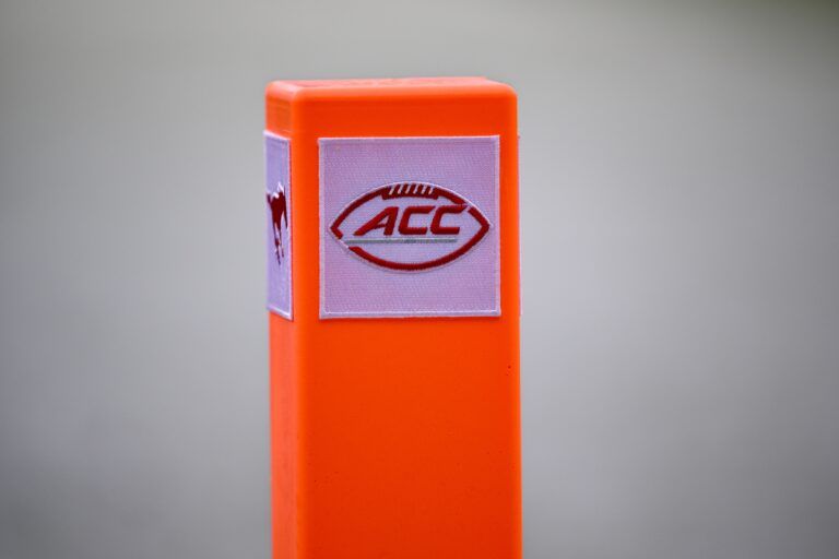 A view of the ACC logo on an end zone pylon during the game between the Mustangs and the Cardinals at Gerald J. Ford Stadium.