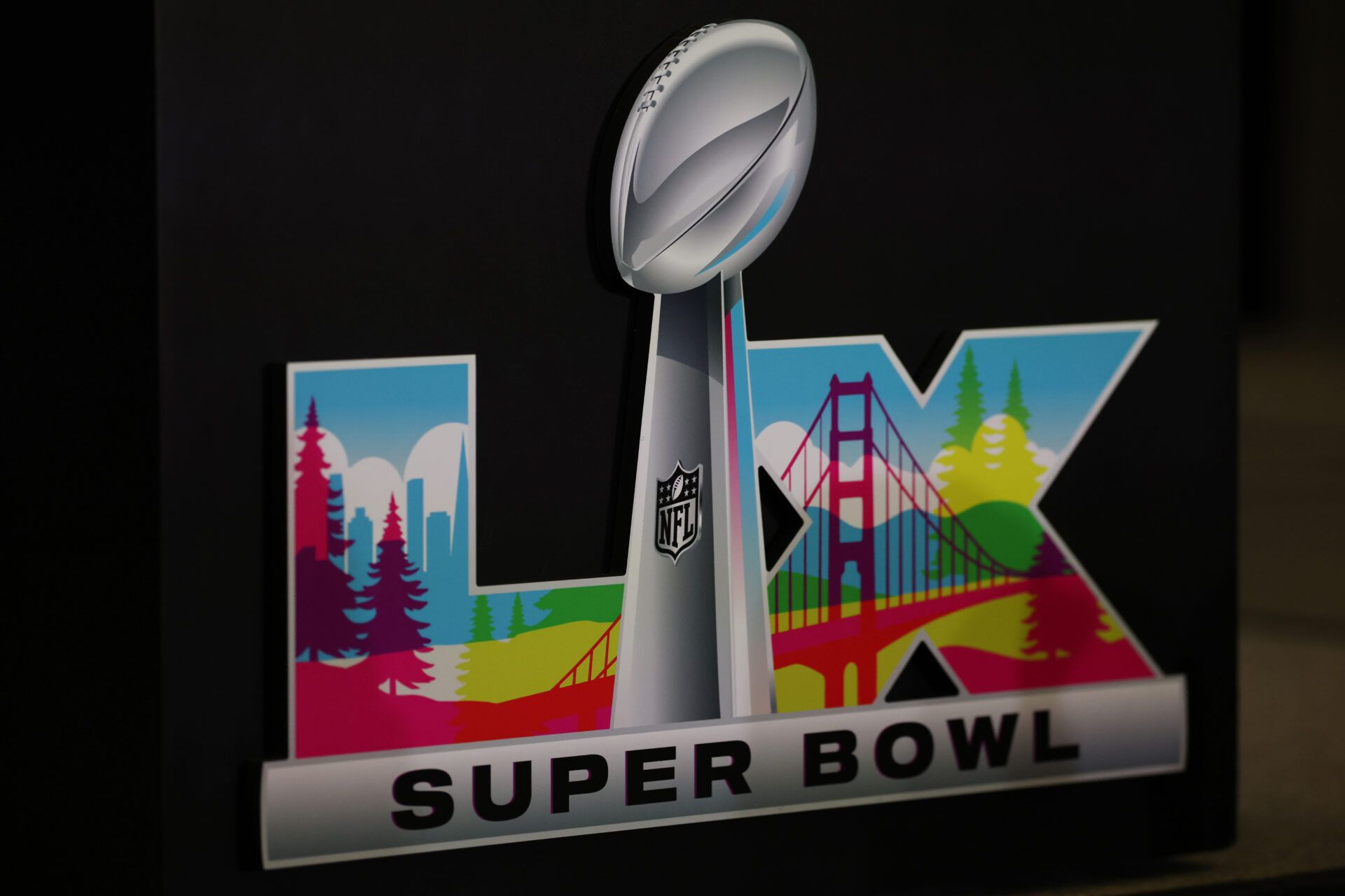 SAN JOSE, CALIFORNIA - FEBRUARY 02: A detailed view of the  Super Bowl LX logo during Opening Night at San Jose McEnery Convention Center on February 02, 2026 in San Jose, California. (Photo by Chris Graythen/Getty Images)